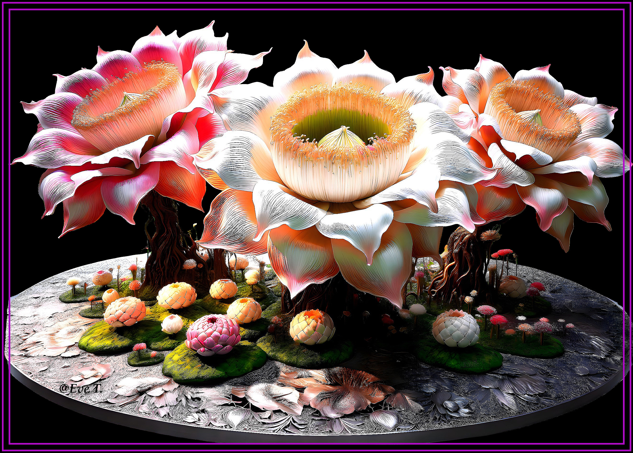 Oversized Flowers in Pink and Cream Against Dark Background