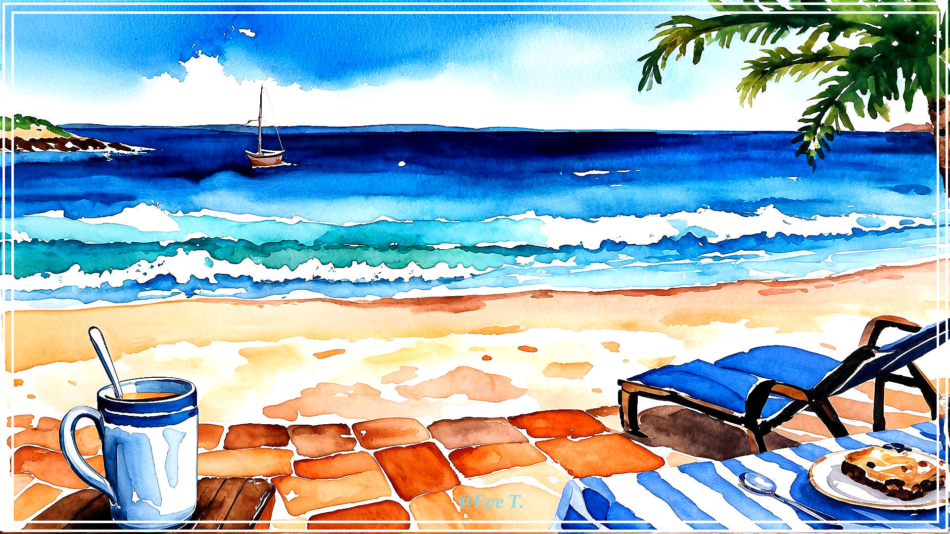 Vibrant Watercolor Beach Scene with Lounge Chair and Sailboat
