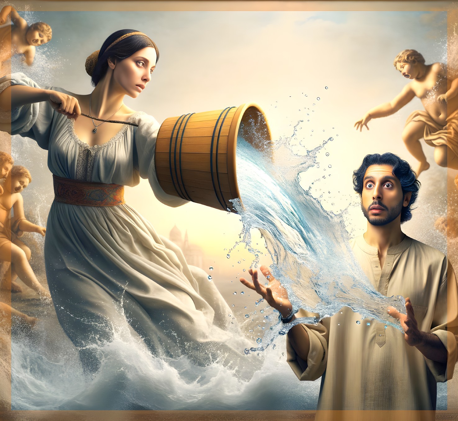 Historical attire figures in surreal scene with cherubs and cloudy sky