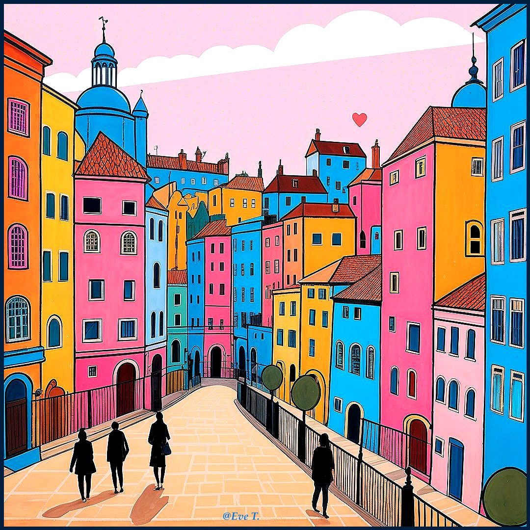 Colorful Street Scene with Playful Architecture