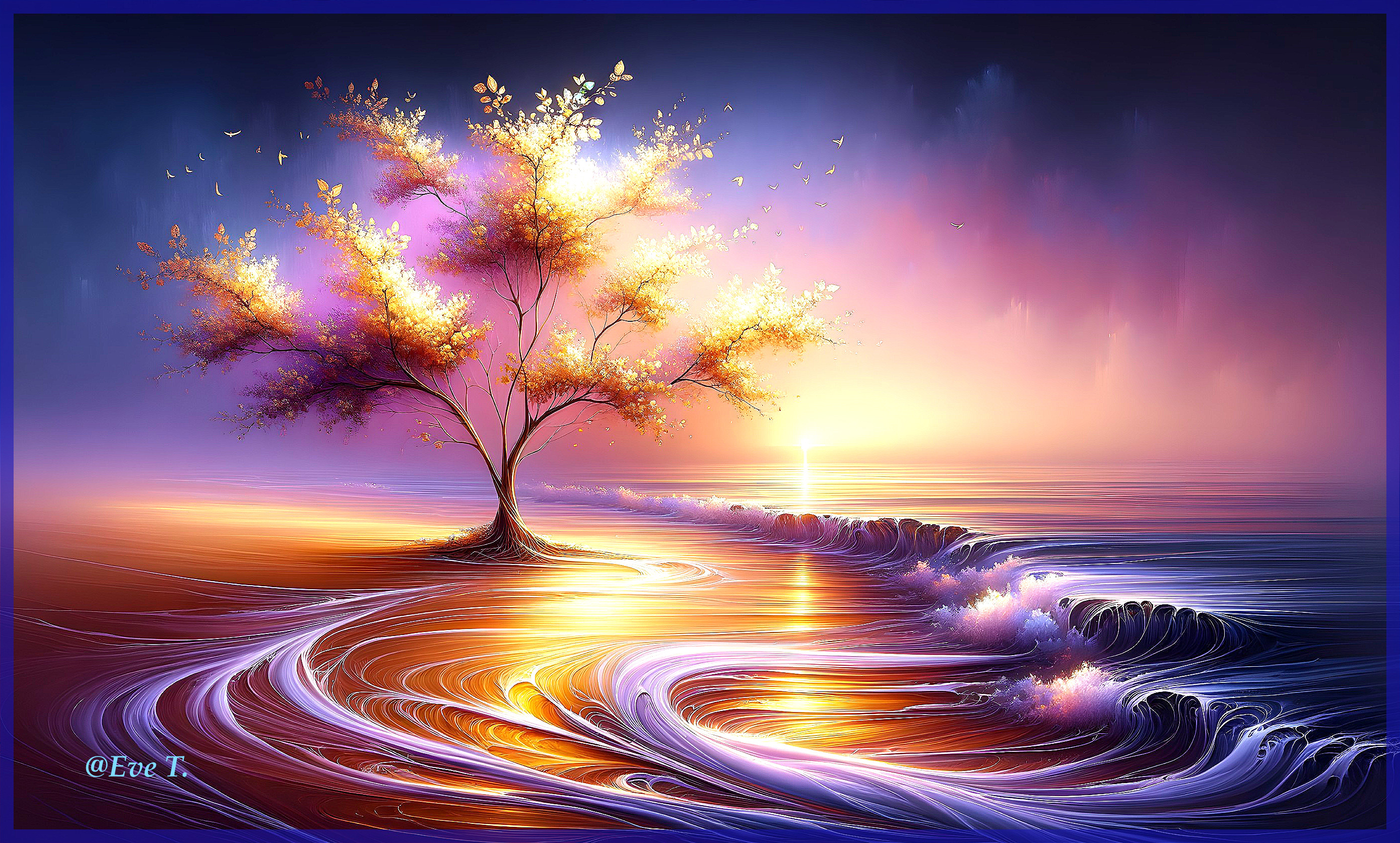 Majestic tree by tranquil sea at sunset scene