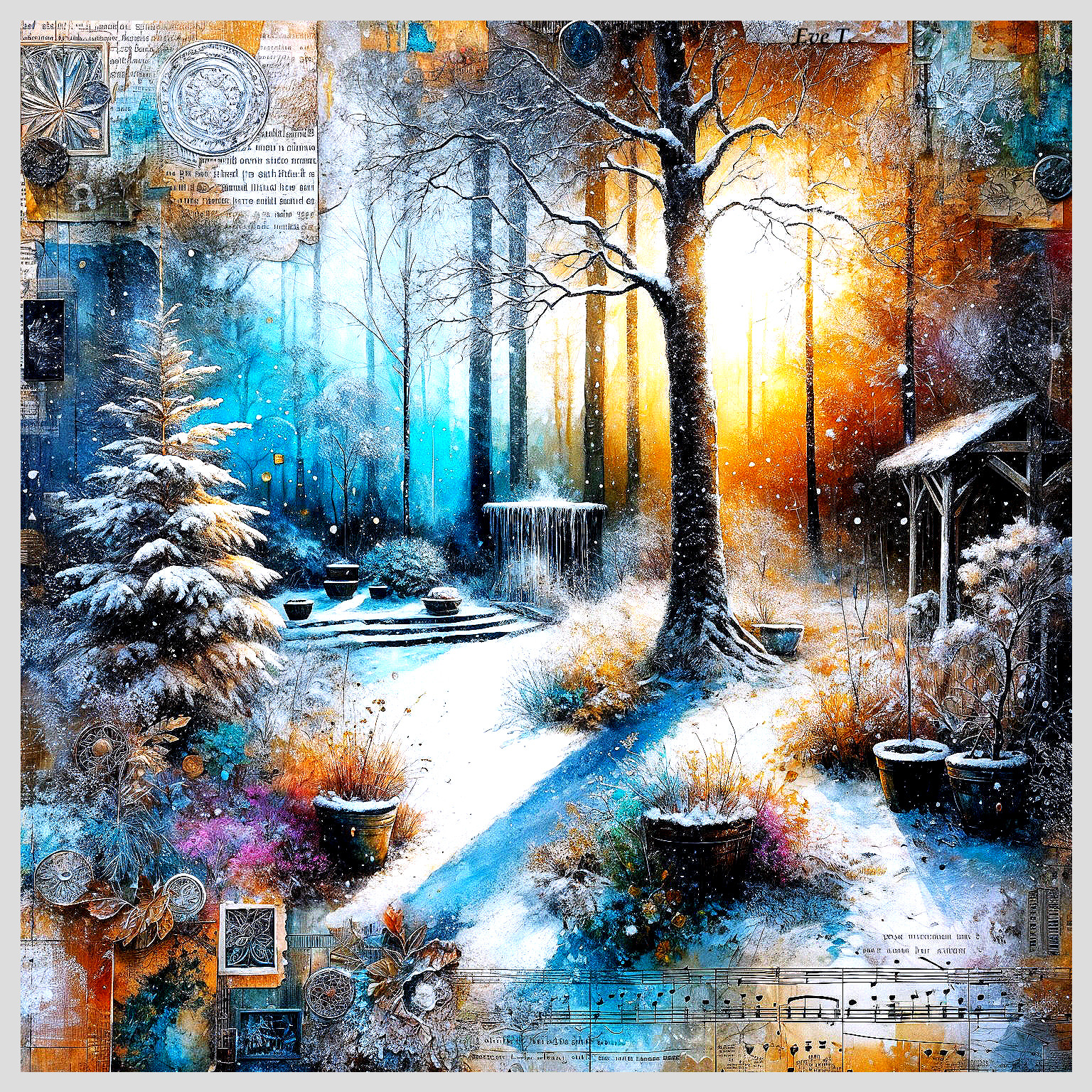 Winter Landscape with Snow, Flowers, and Gazebo