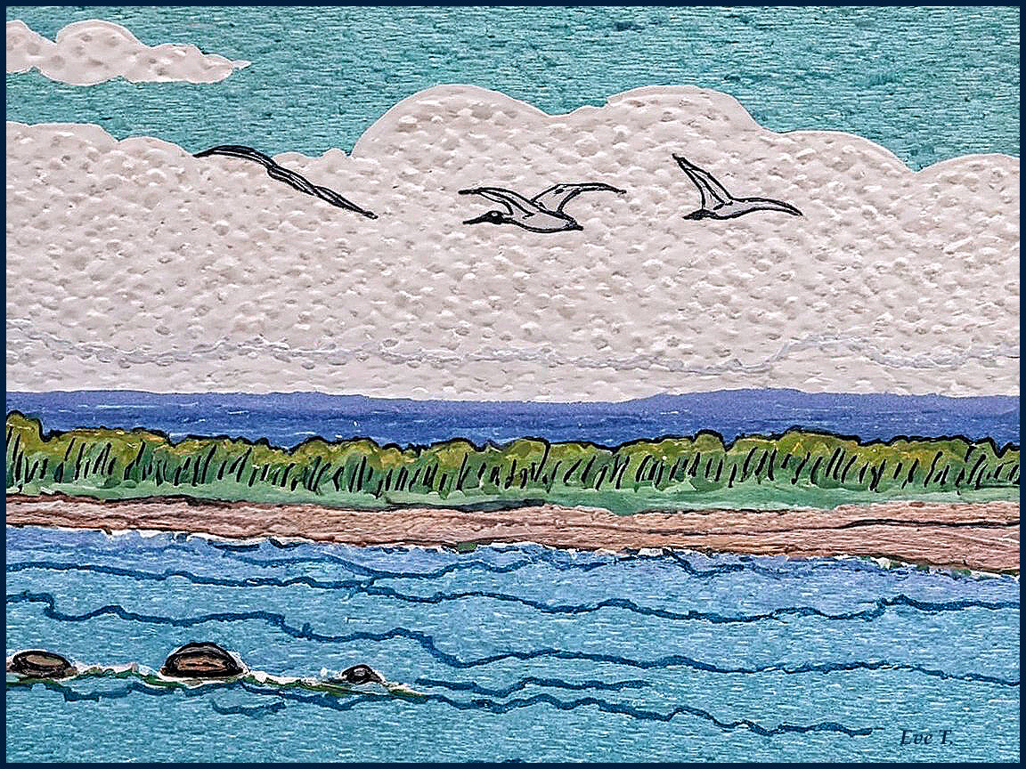 Serene landscape with ocean, shore, and birds