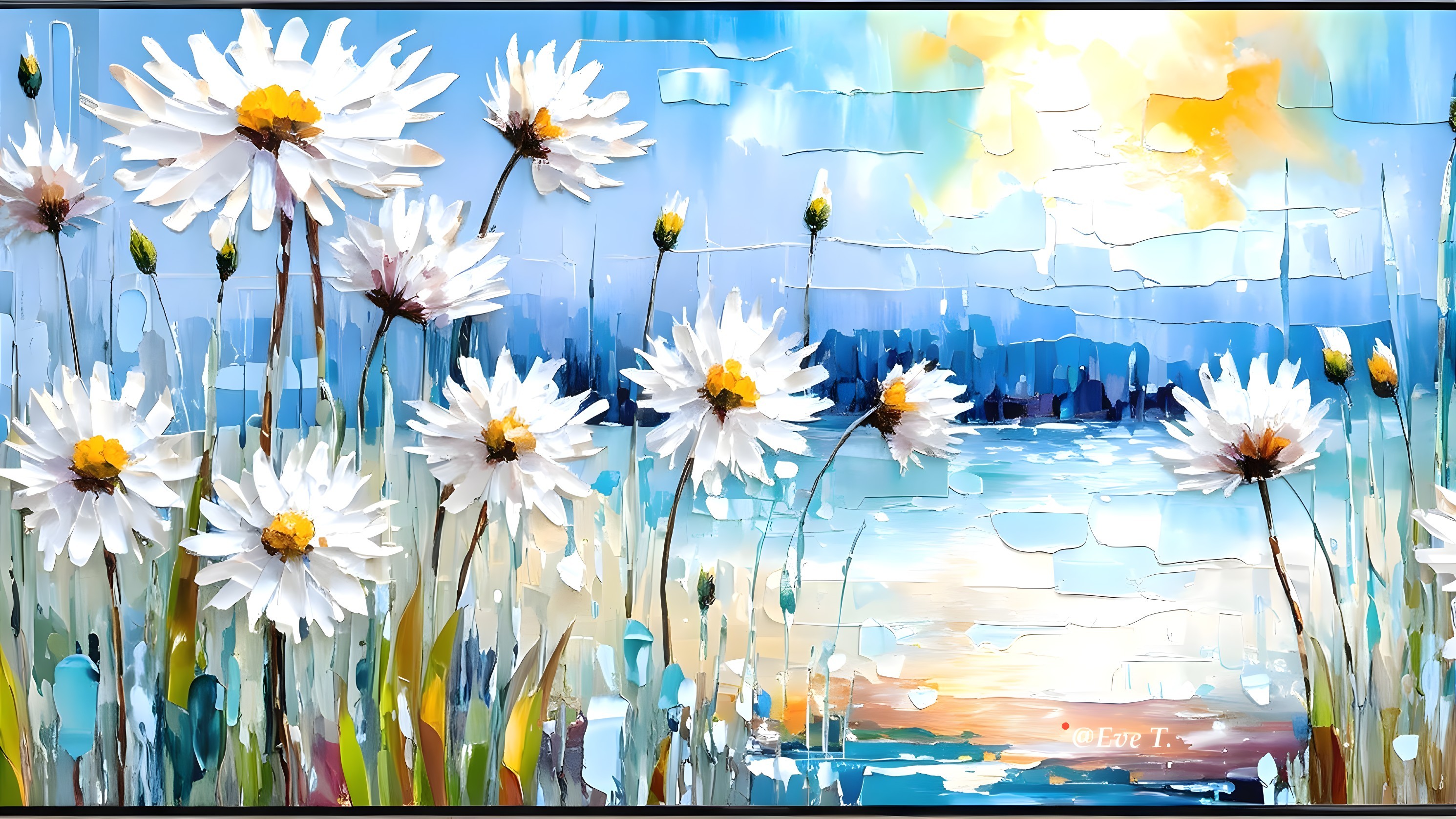 Vibrant Landscape of Daisies Against Blue Sky