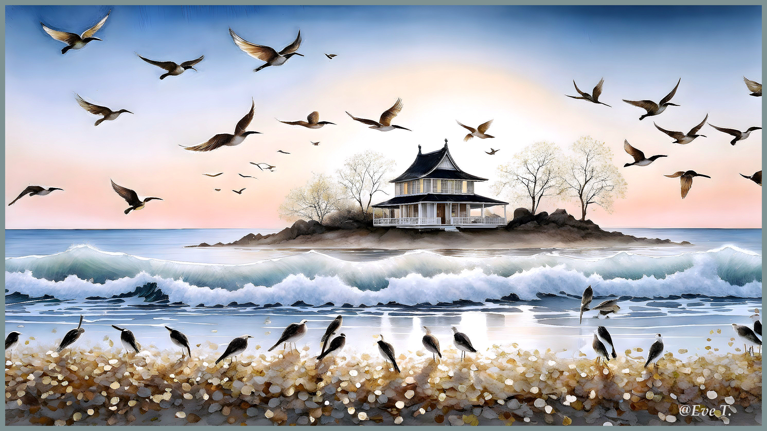 Coastal Scene with Island Pavilion and Sandy Beaches