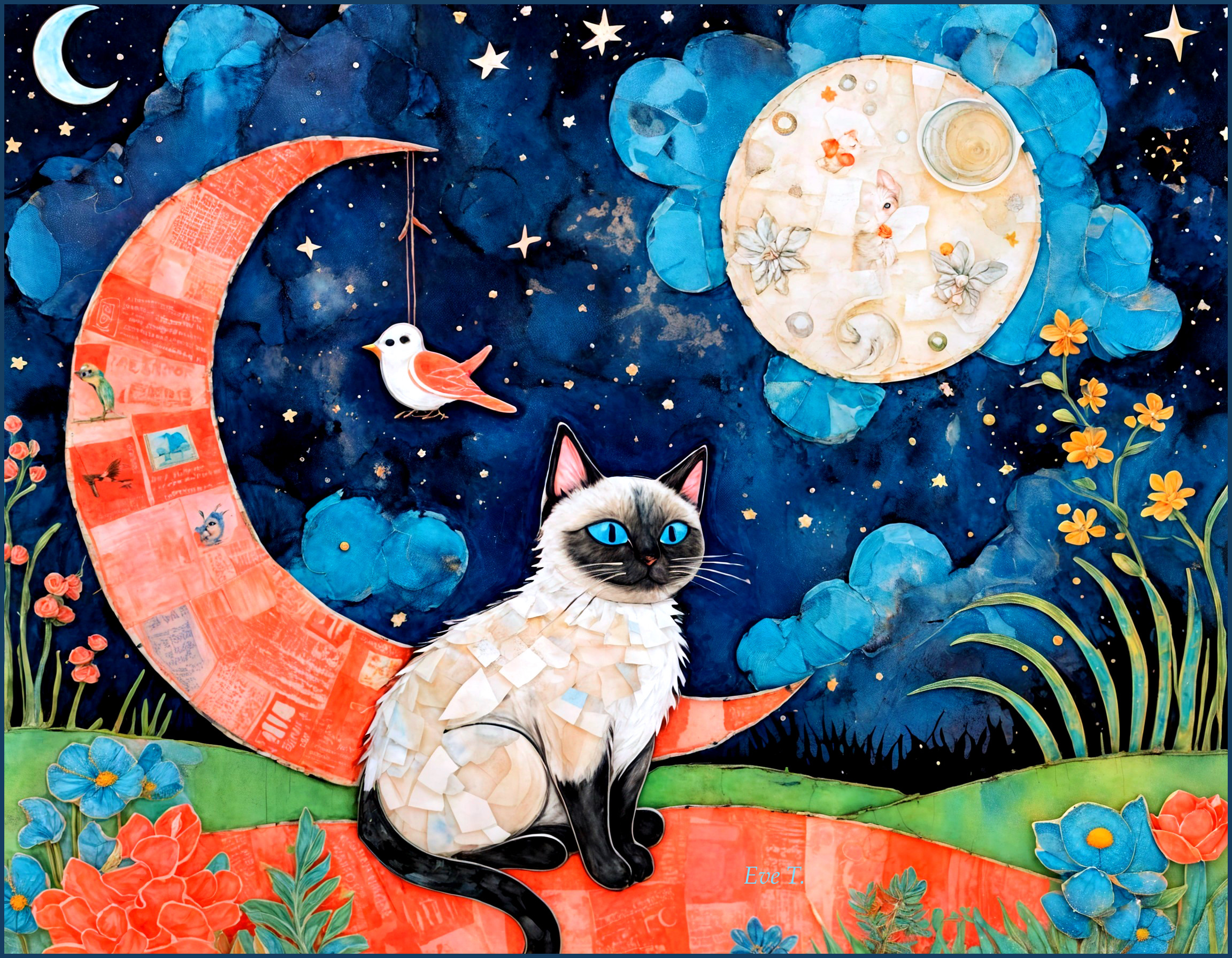 Siamese Cat on Crescent Moon in Starry Night Collage