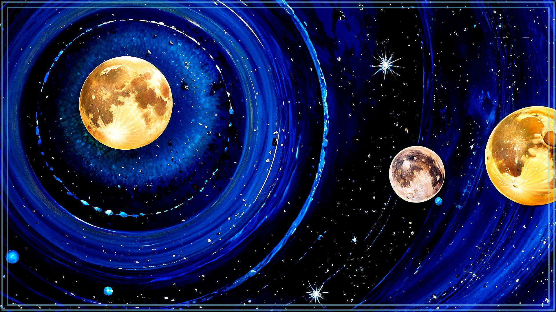 Vibrant Cosmic Scene with Swirling Blues and Moons