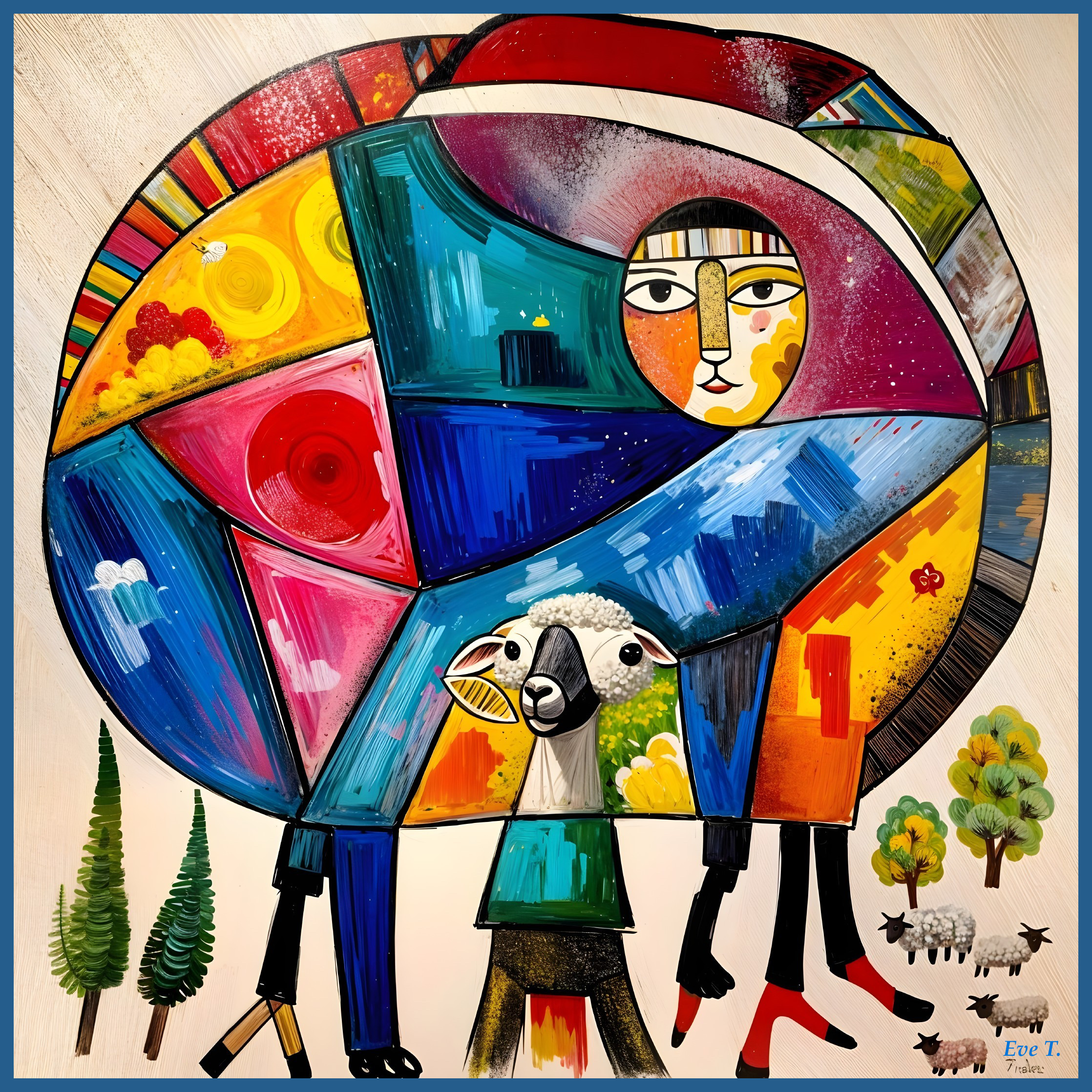 Vibrant Abstract Painting of Woman and Sheep