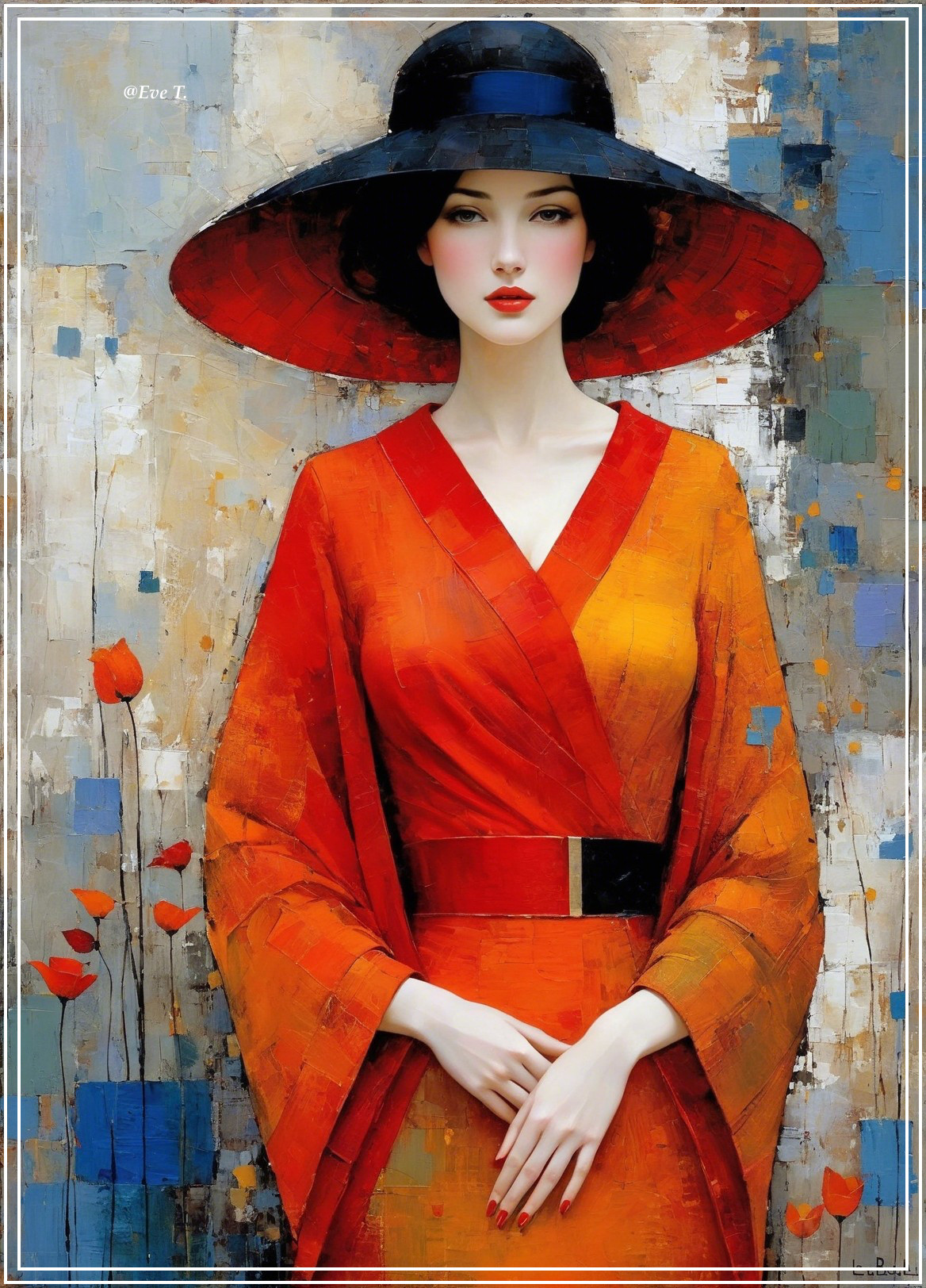 Graceful Woman in Vibrant Orange Kimono and Hat