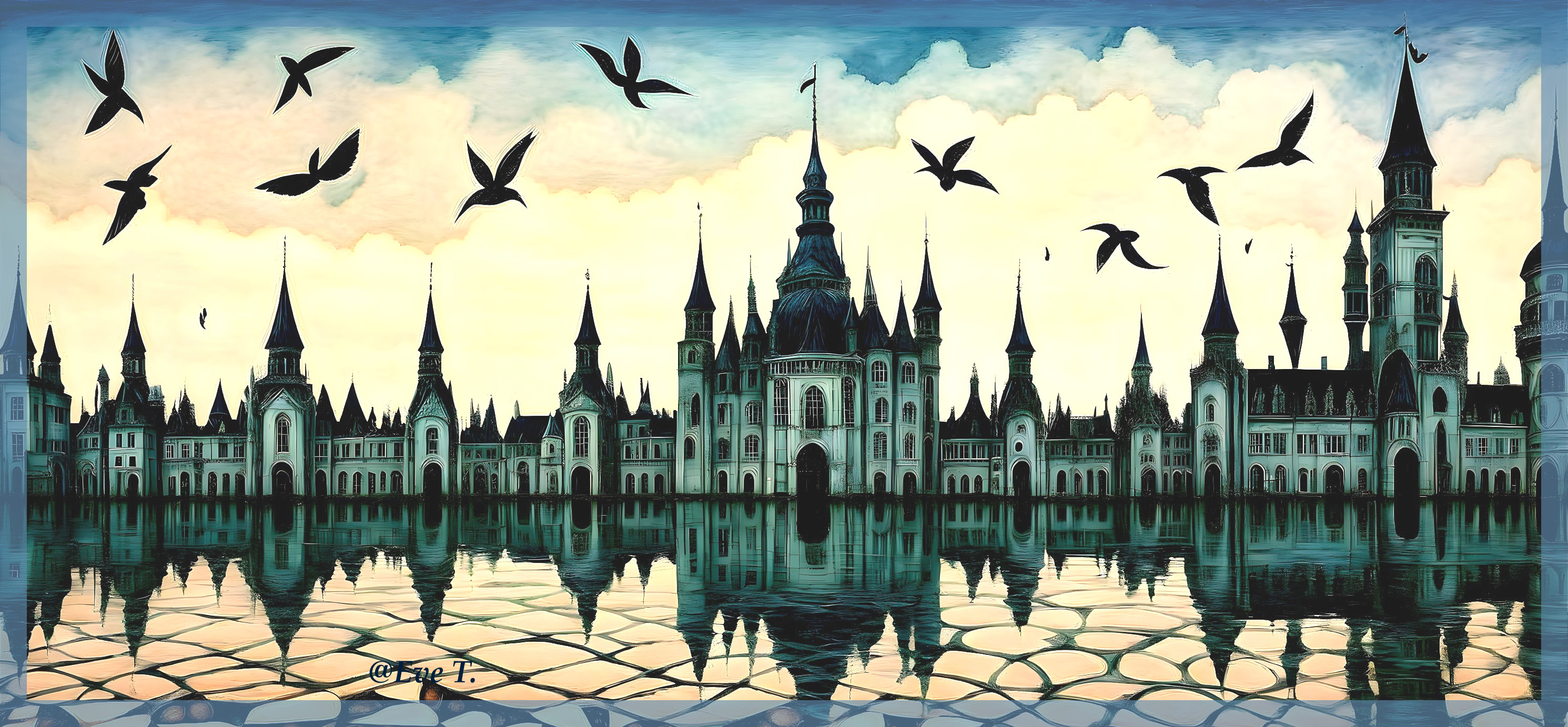 Majestic castle with spires reflected in calm water