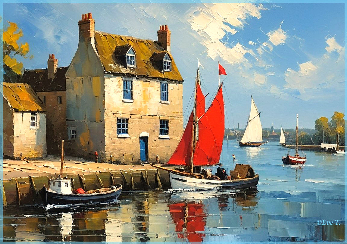 Waterfront Scene with Stone House and Red-Sailed Boats