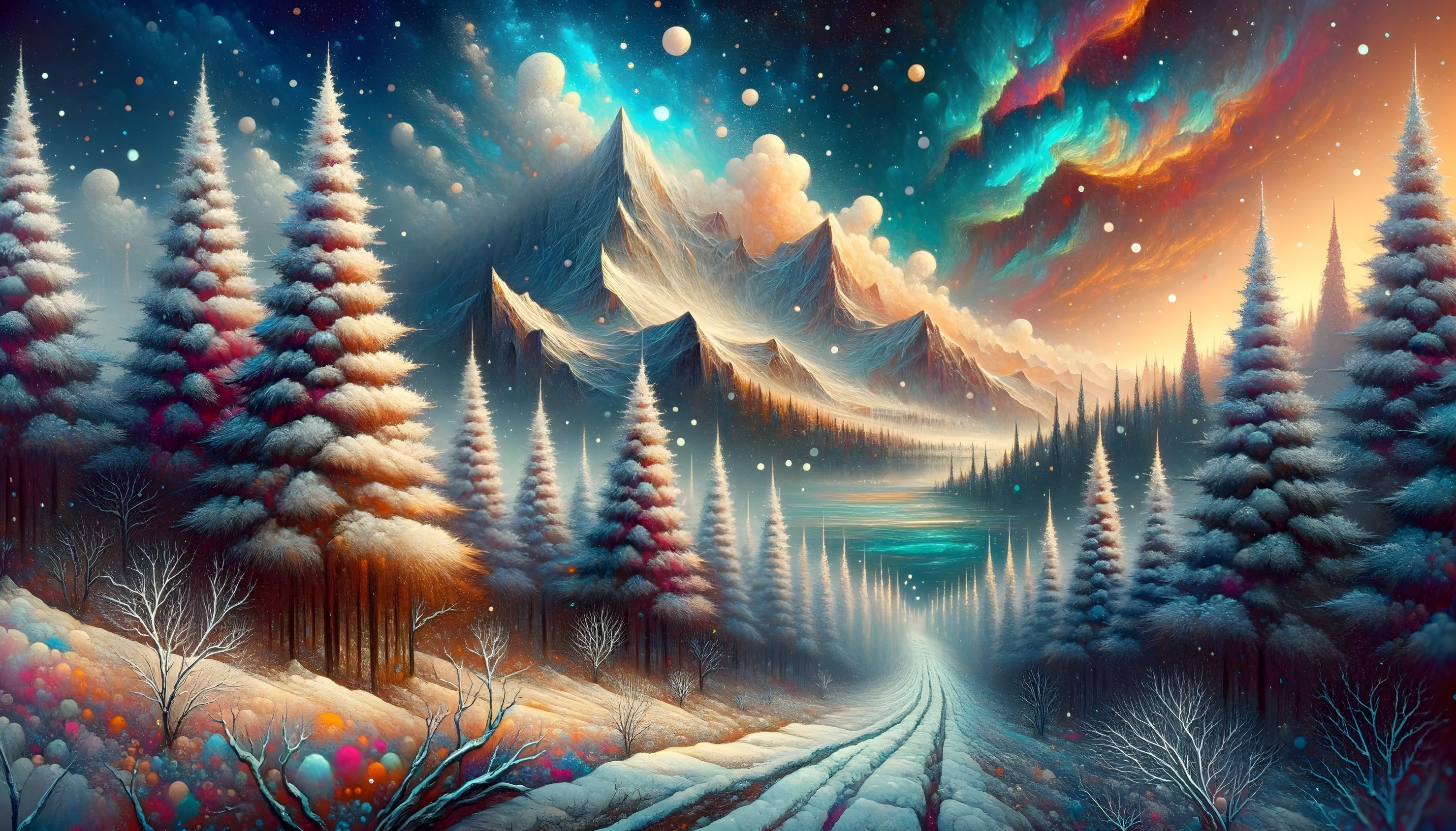 Fantastical snow-covered pine trees in cosmic landscape