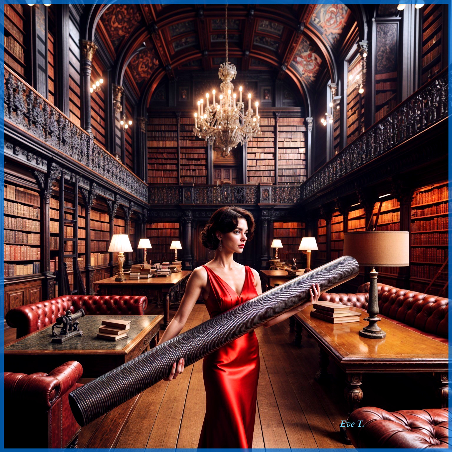 Elegant Woman in Red Gown in Luxurious Library Setting