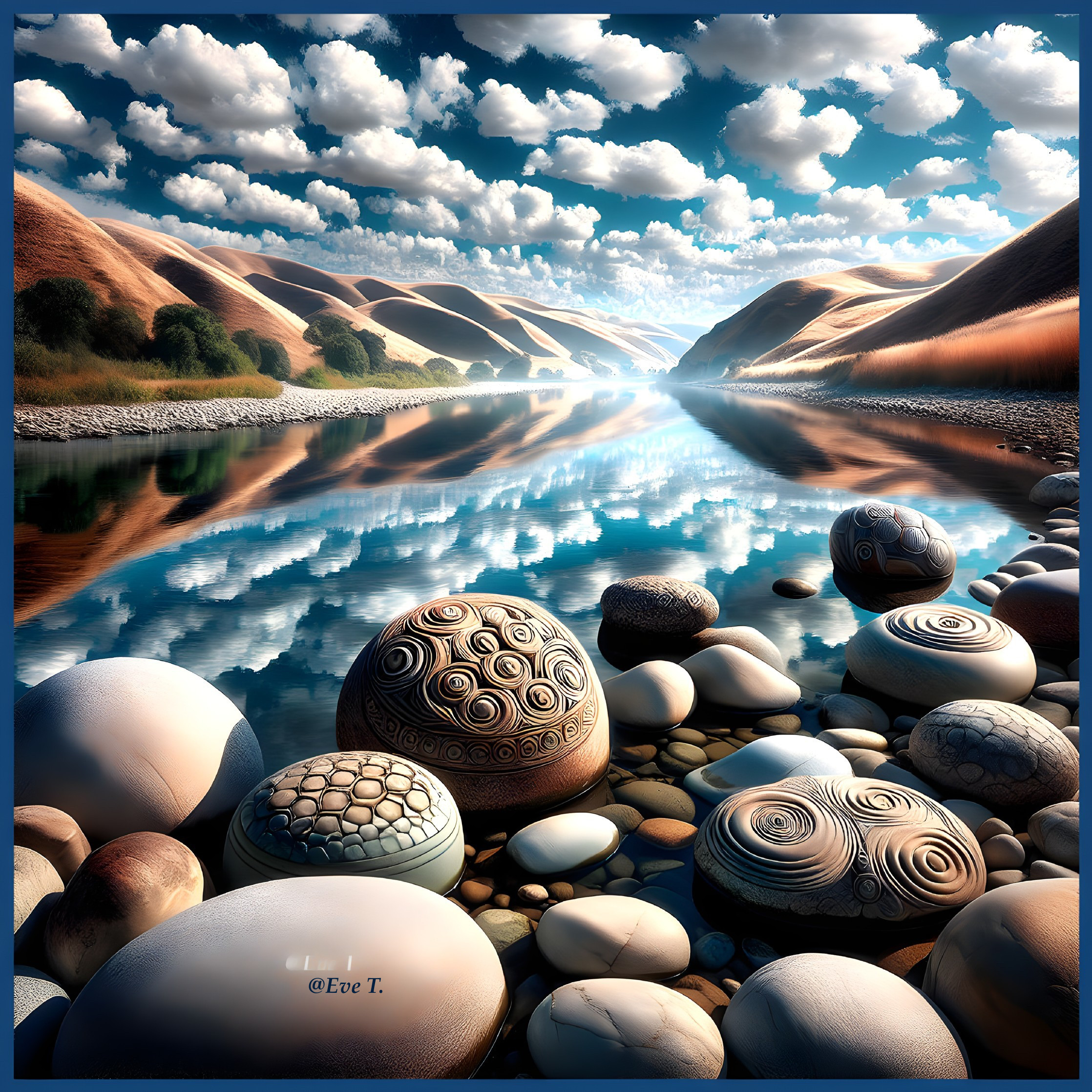 Serene Landscape with River and Artistic Stones