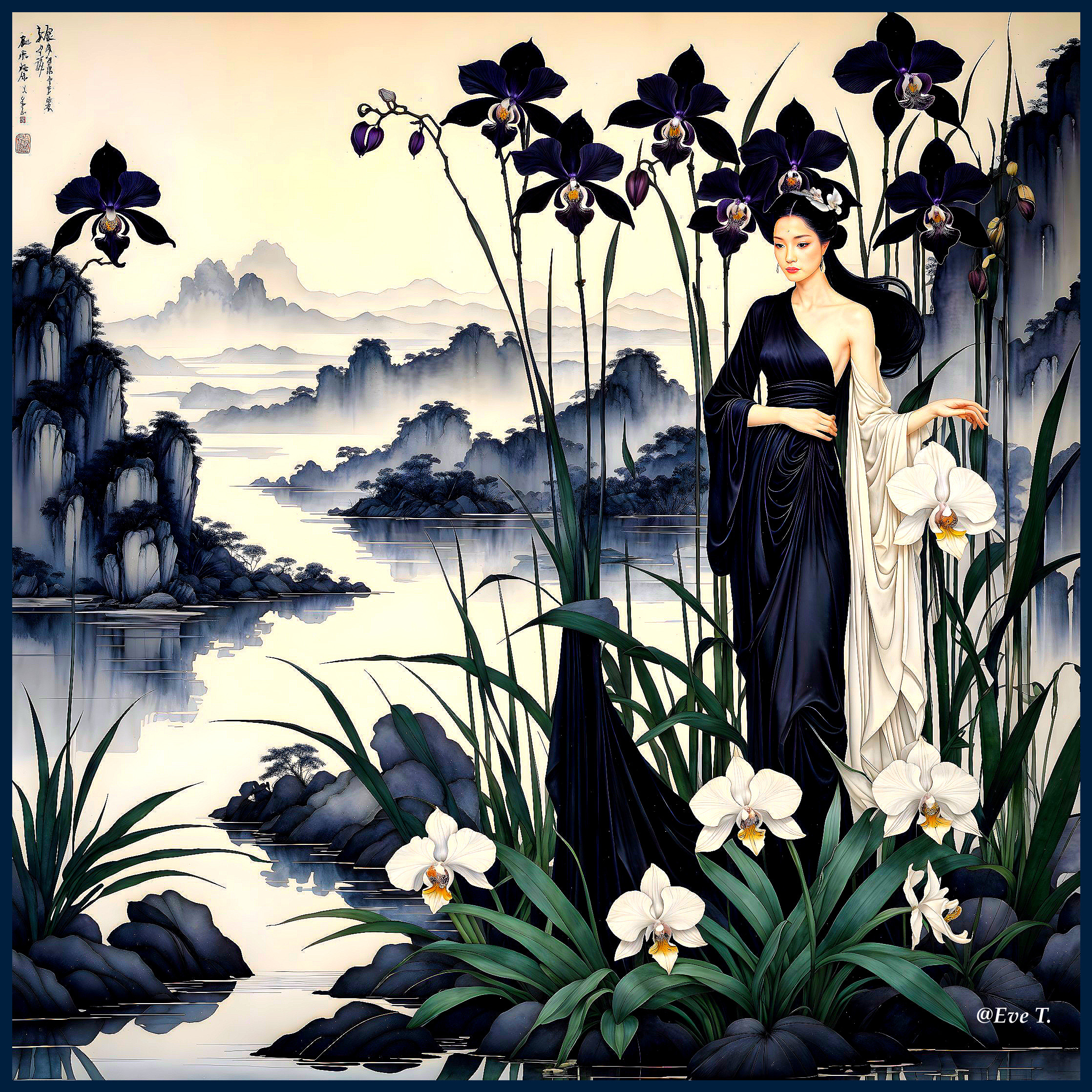 Serene landscape with woman in elegant gown and orchids