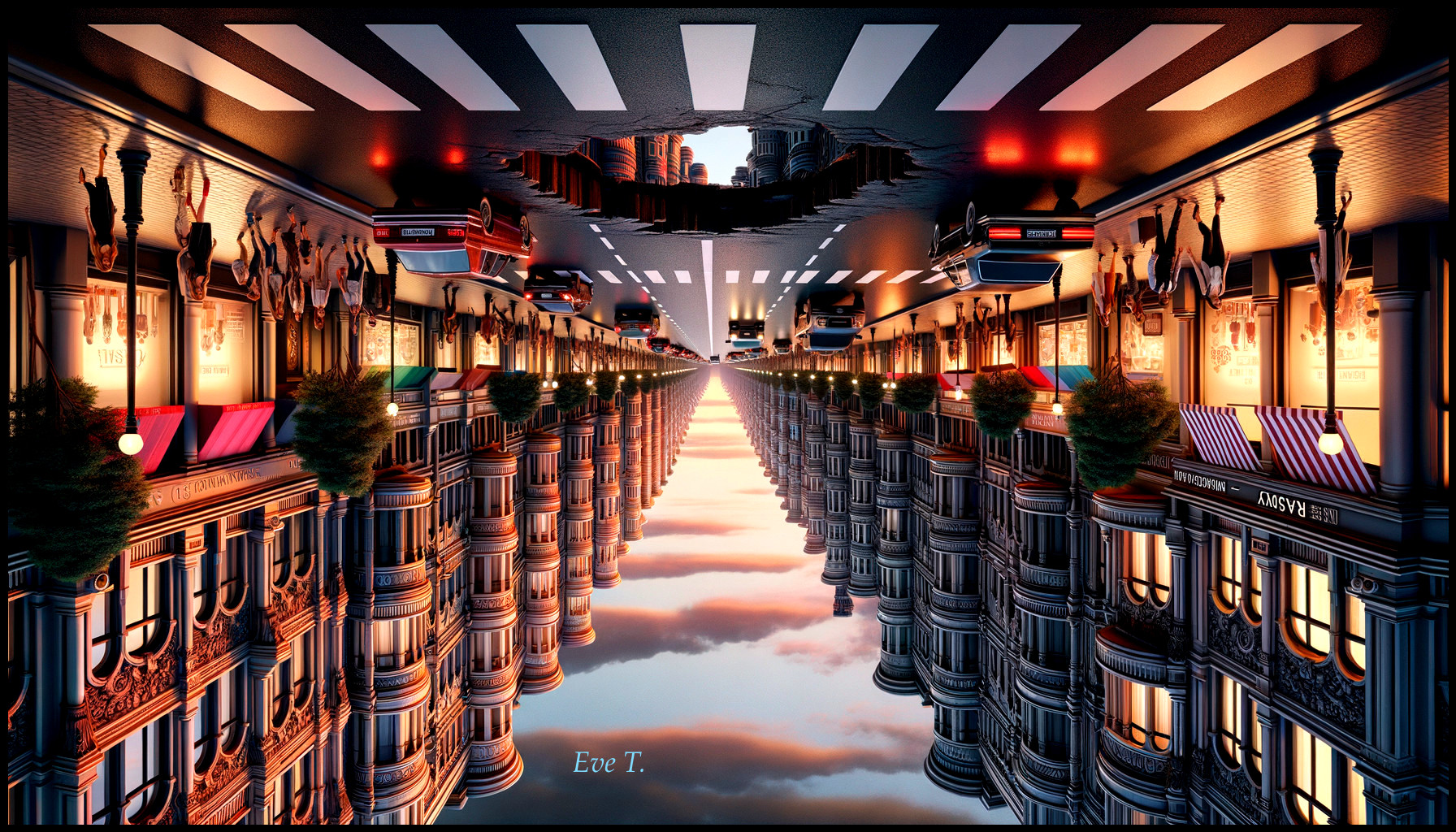 Surreal Urban Landscape with Inverted Reflections