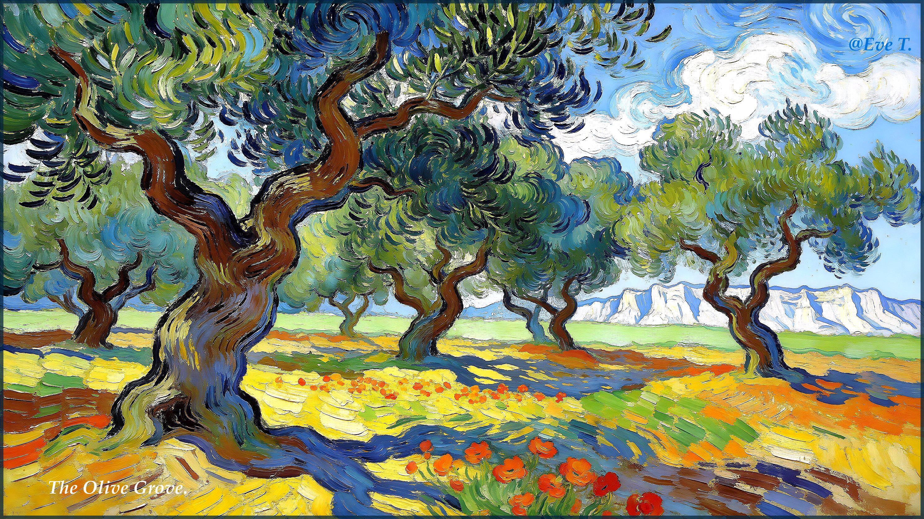 Vibrant Oil Painting of an Olive Grove Landscape