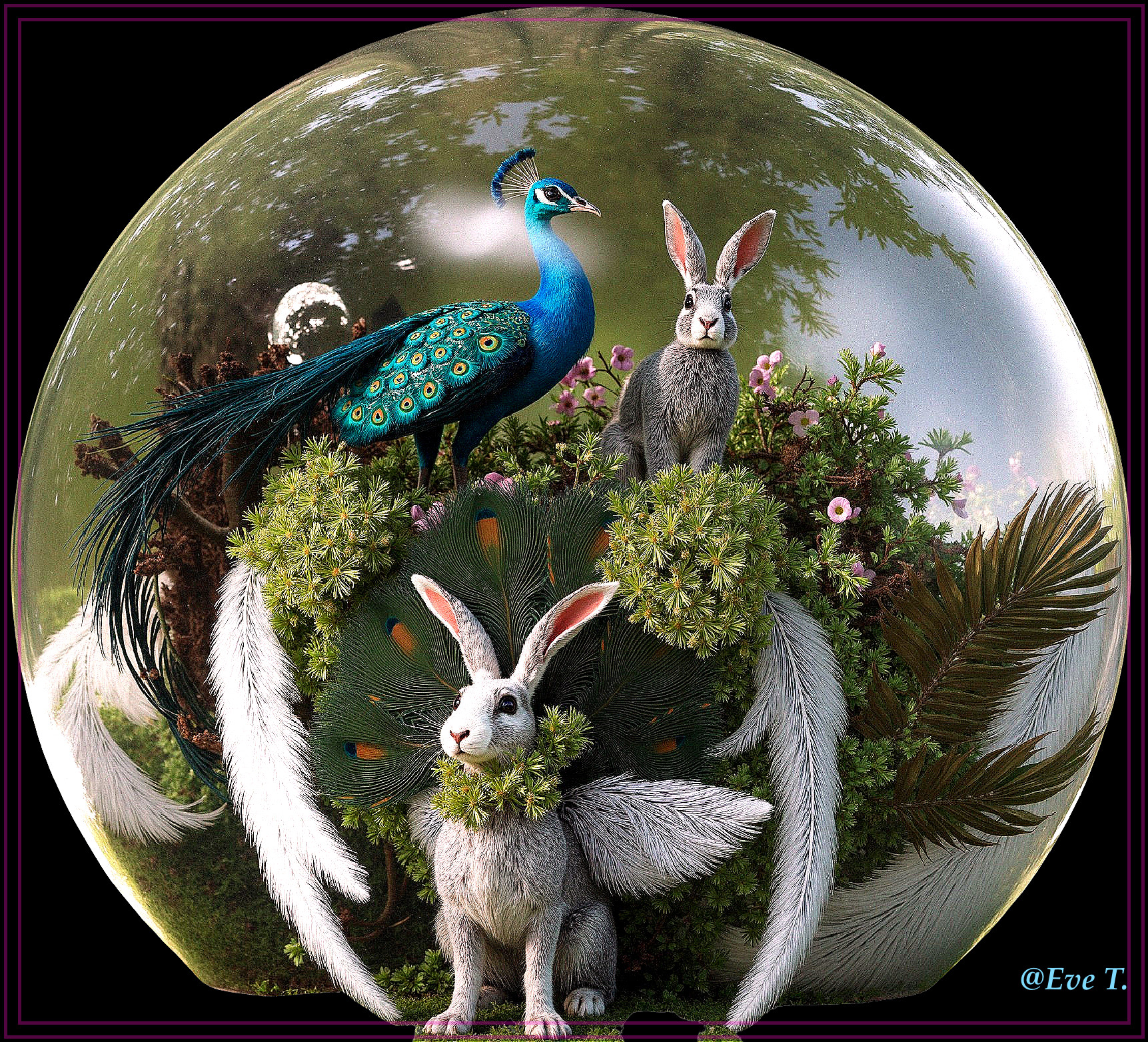 Whimsical Glass Orb Scene with Peacock and Rabbits