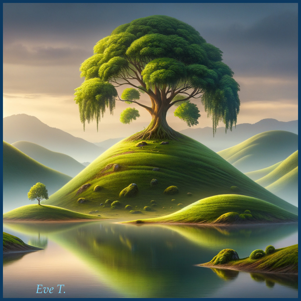 Majestic tree on a hill with serene lake reflection