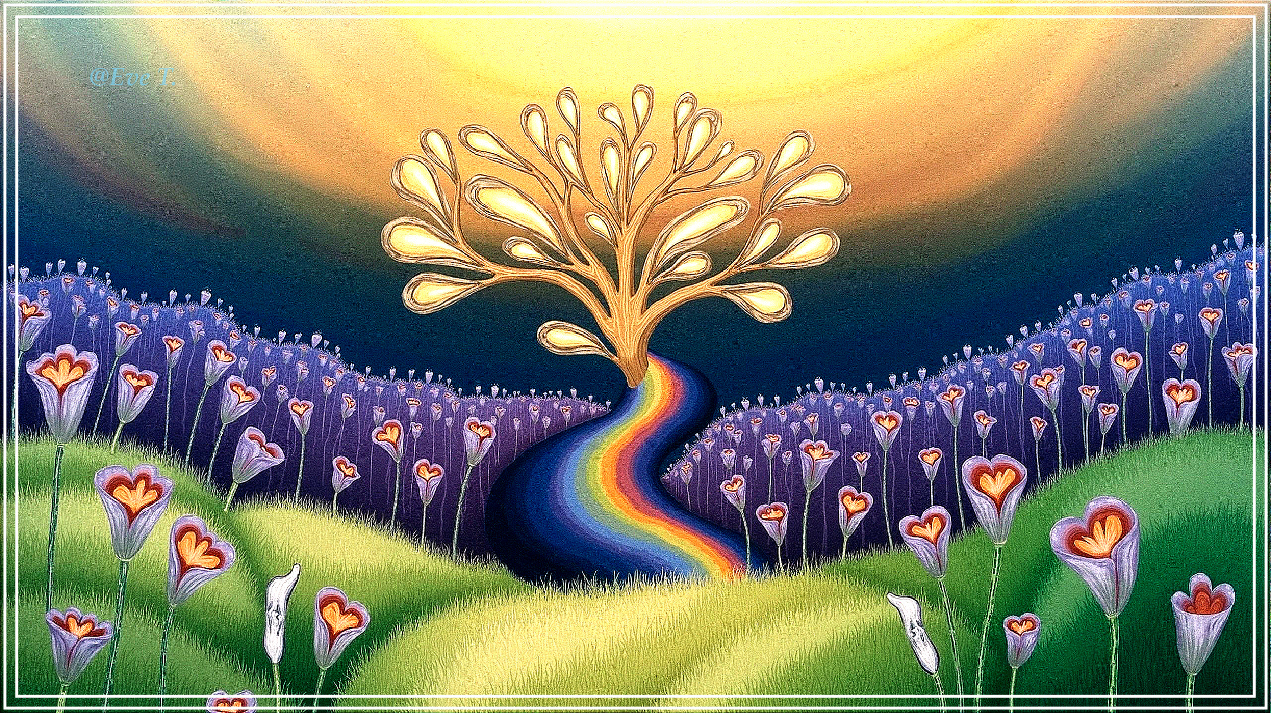 Whimsical Tree in Vibrant Landscape with Rainbow Path