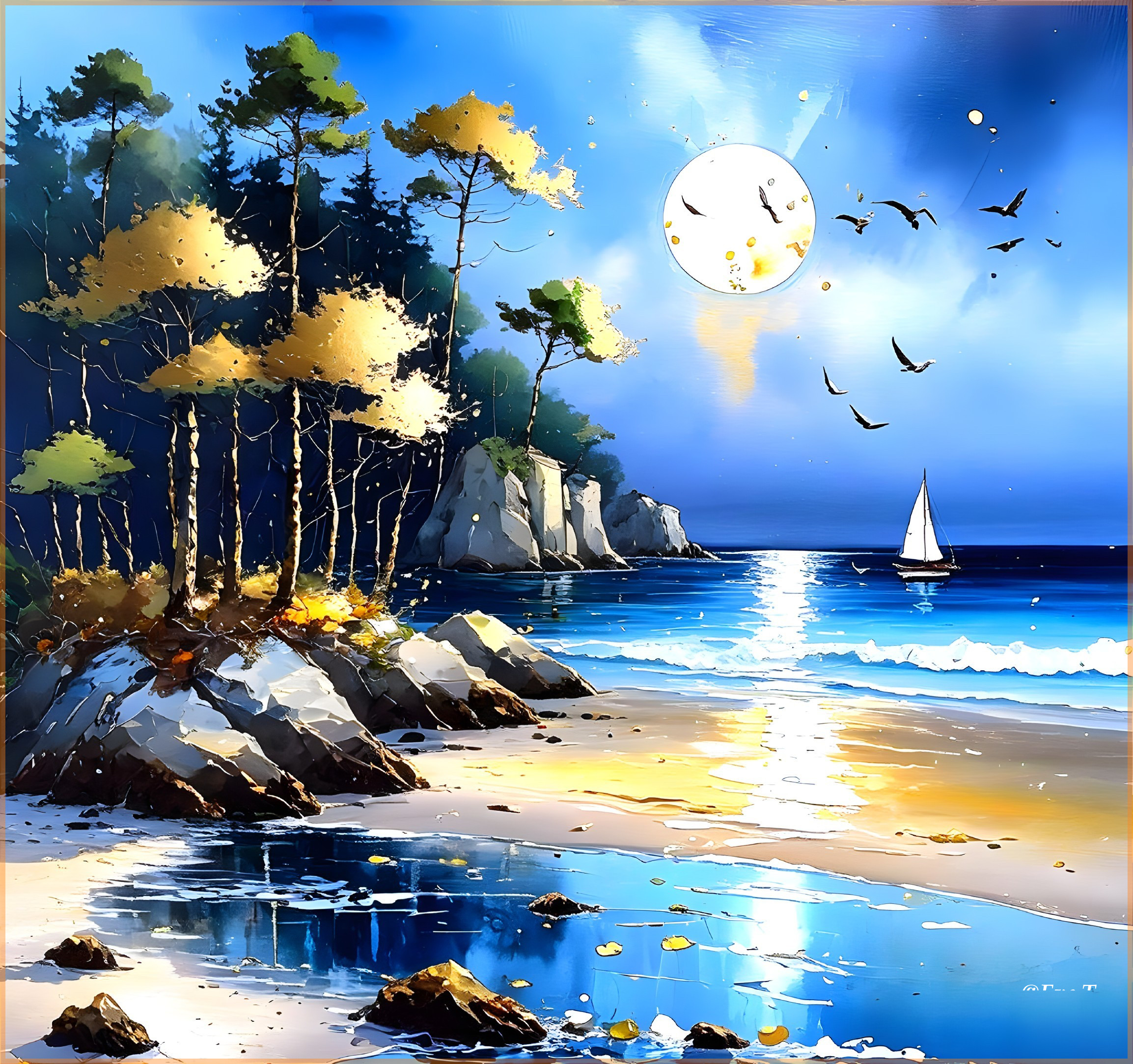 Twilight Coastal Scene with Sailboat and Autumn Trees
