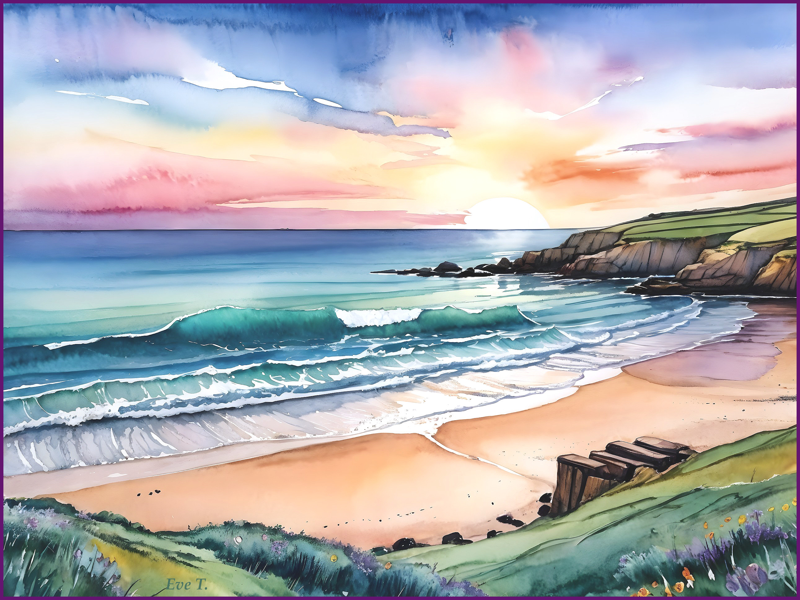 Vibrant Watercolor Beach Scene at Sunset
