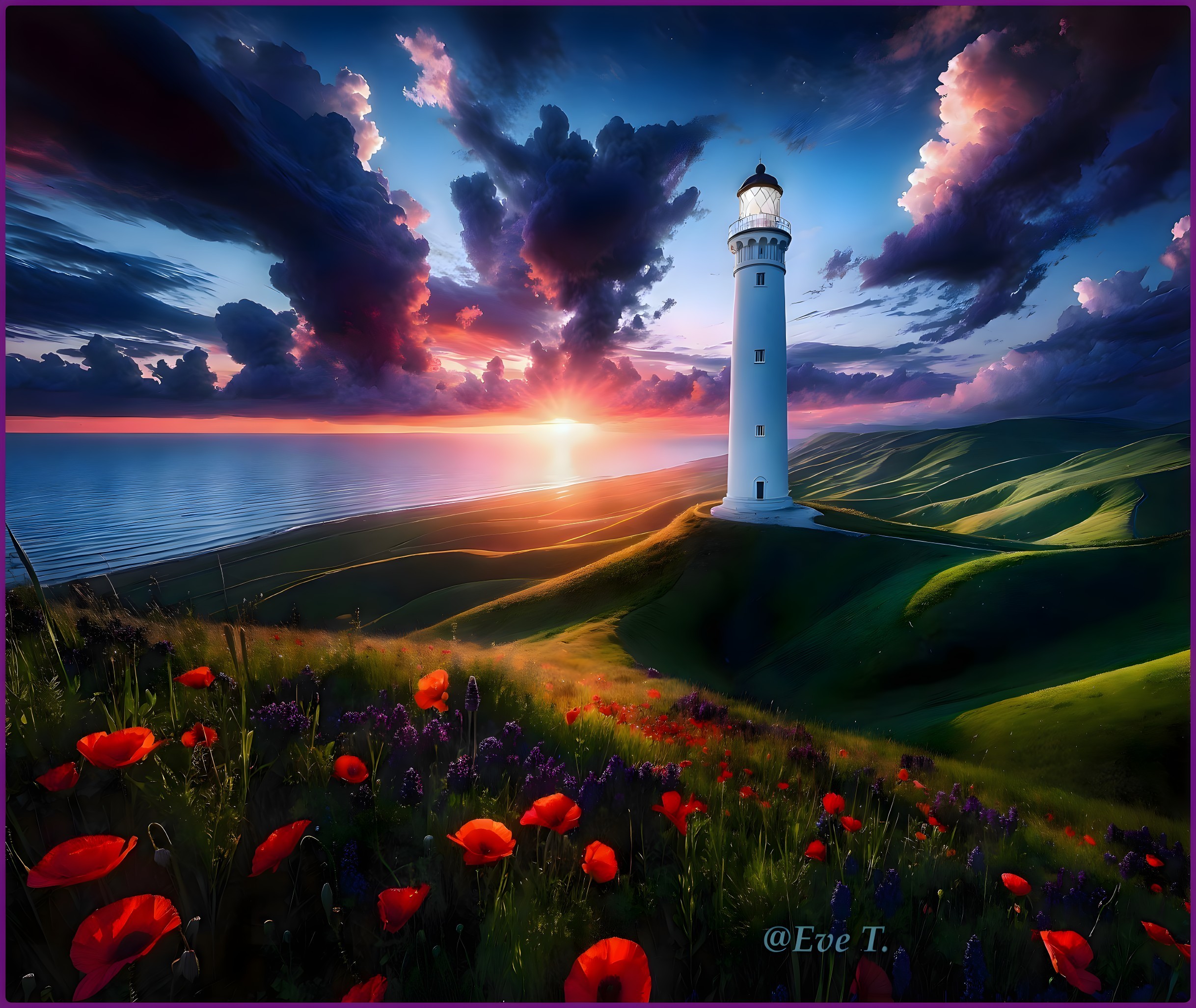 Lighthouse on Hill Surrounded by Flowers at Sunset