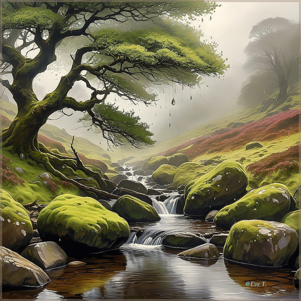 Serene Landscape with Tree and Flowing Stream