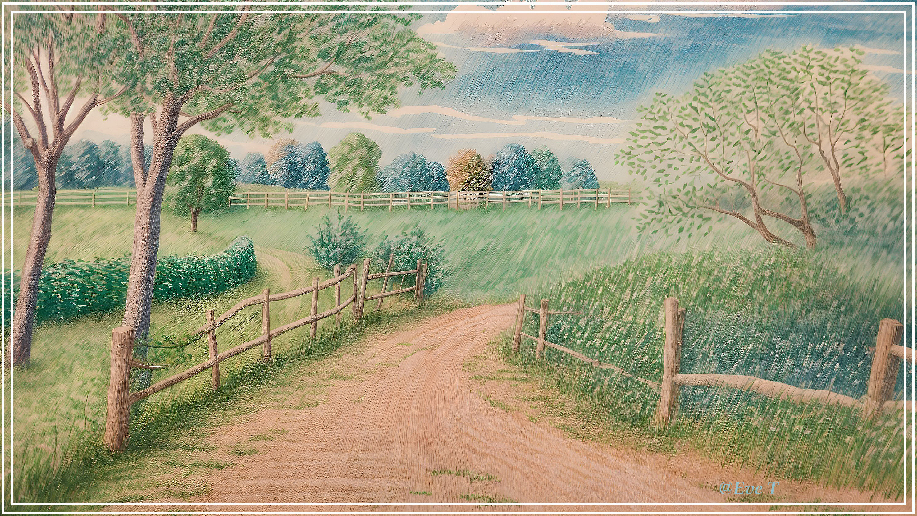 Serene Countryside Scene with Lush Greenery and Path