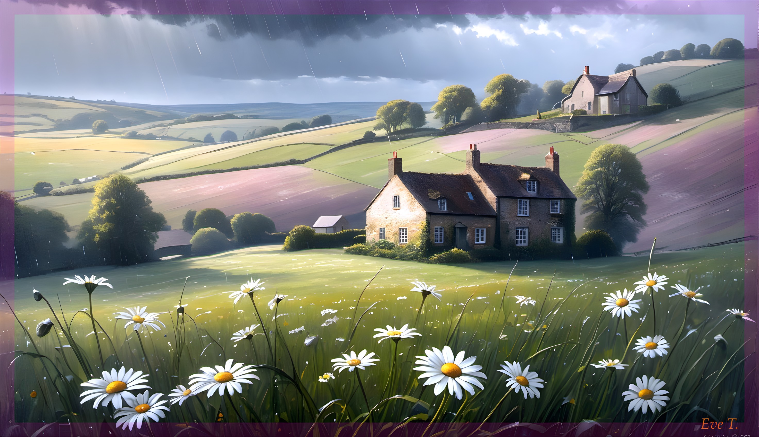 Countryside Scene with House, Hills, and Daisies