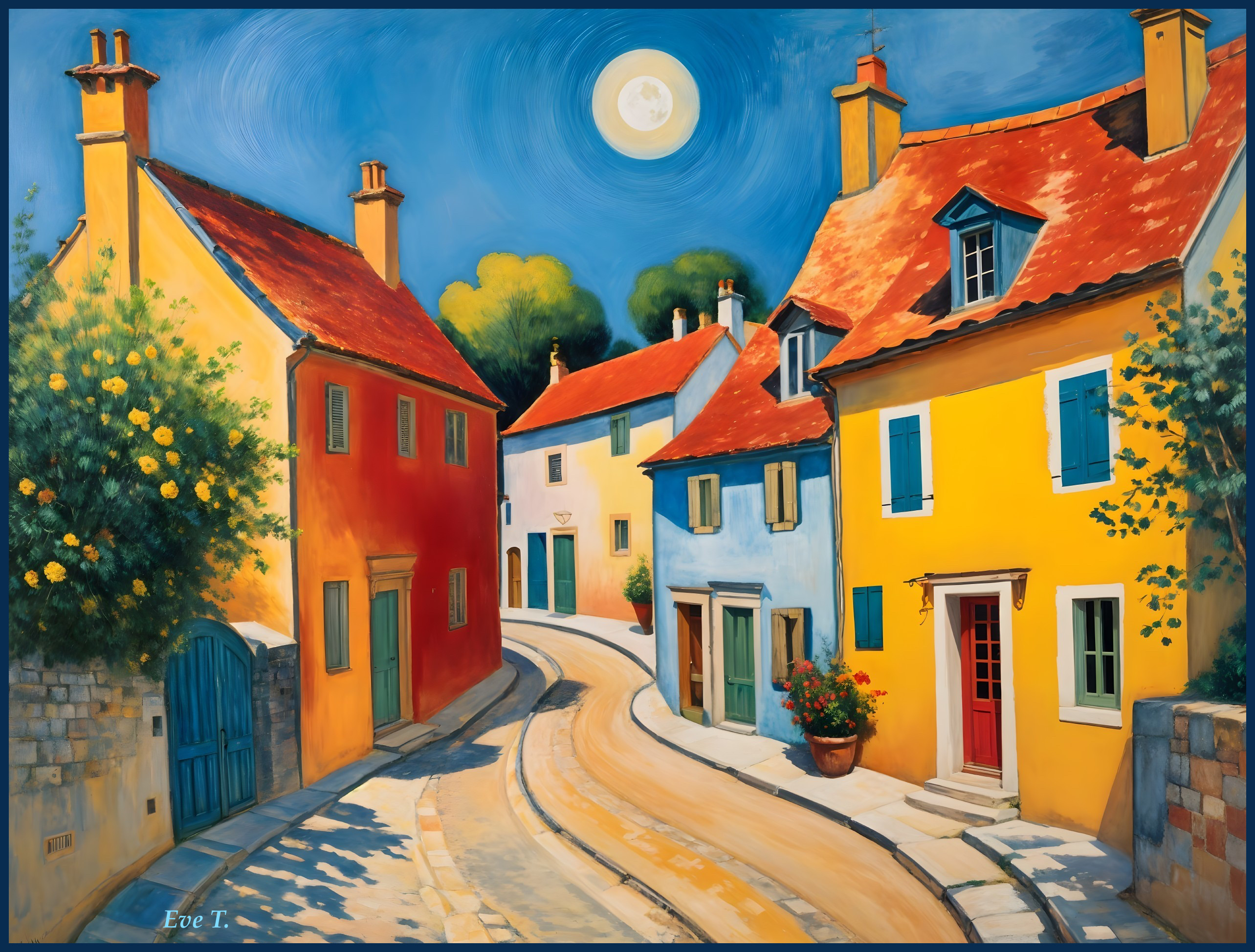 Vibrant Street Scene with Colorful Houses and Moonlight