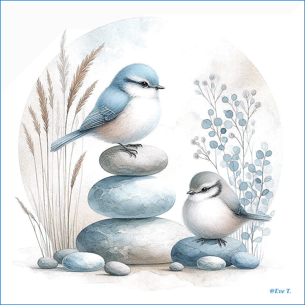 Watercolor Illustration of Birds on Smooth Stones