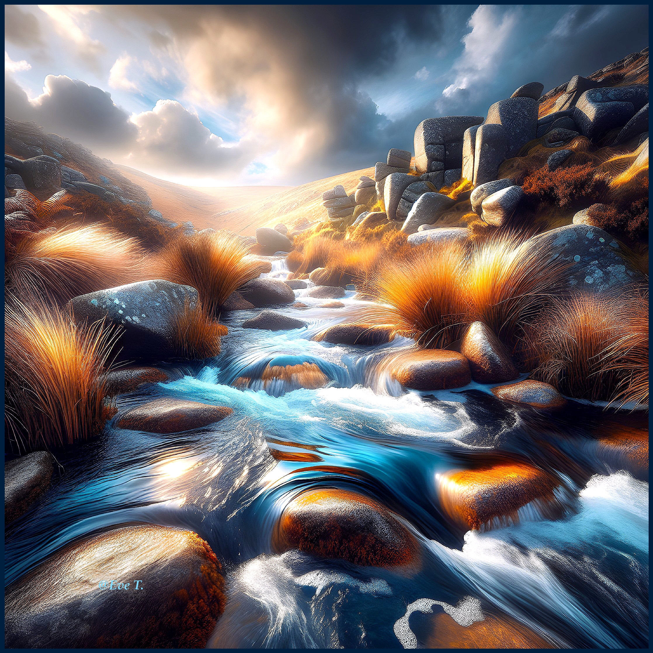 Serene Landscape with Flowing Stream and Rocky Terrain