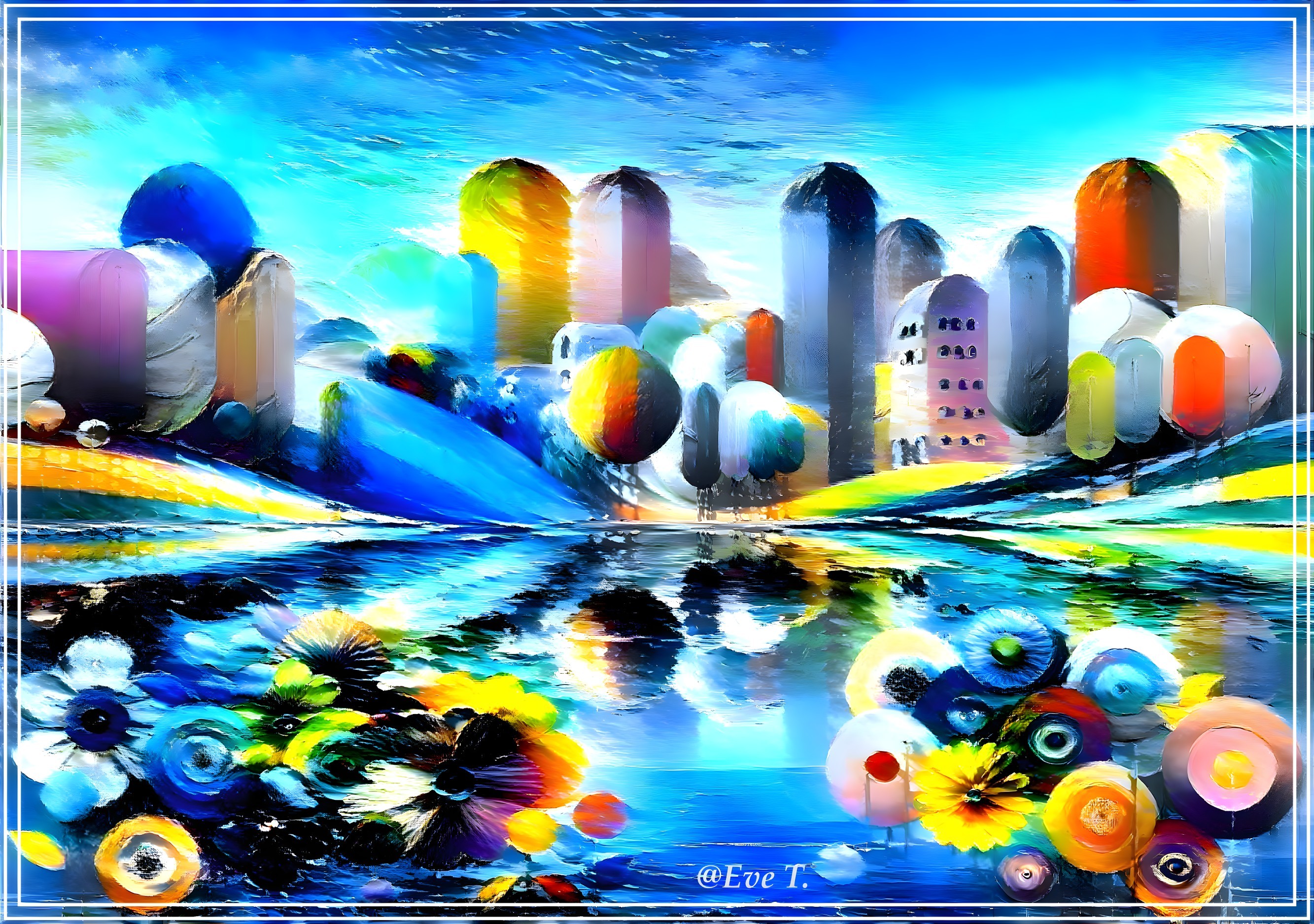 Colorful Landscape with Lake and Abstract Buildings