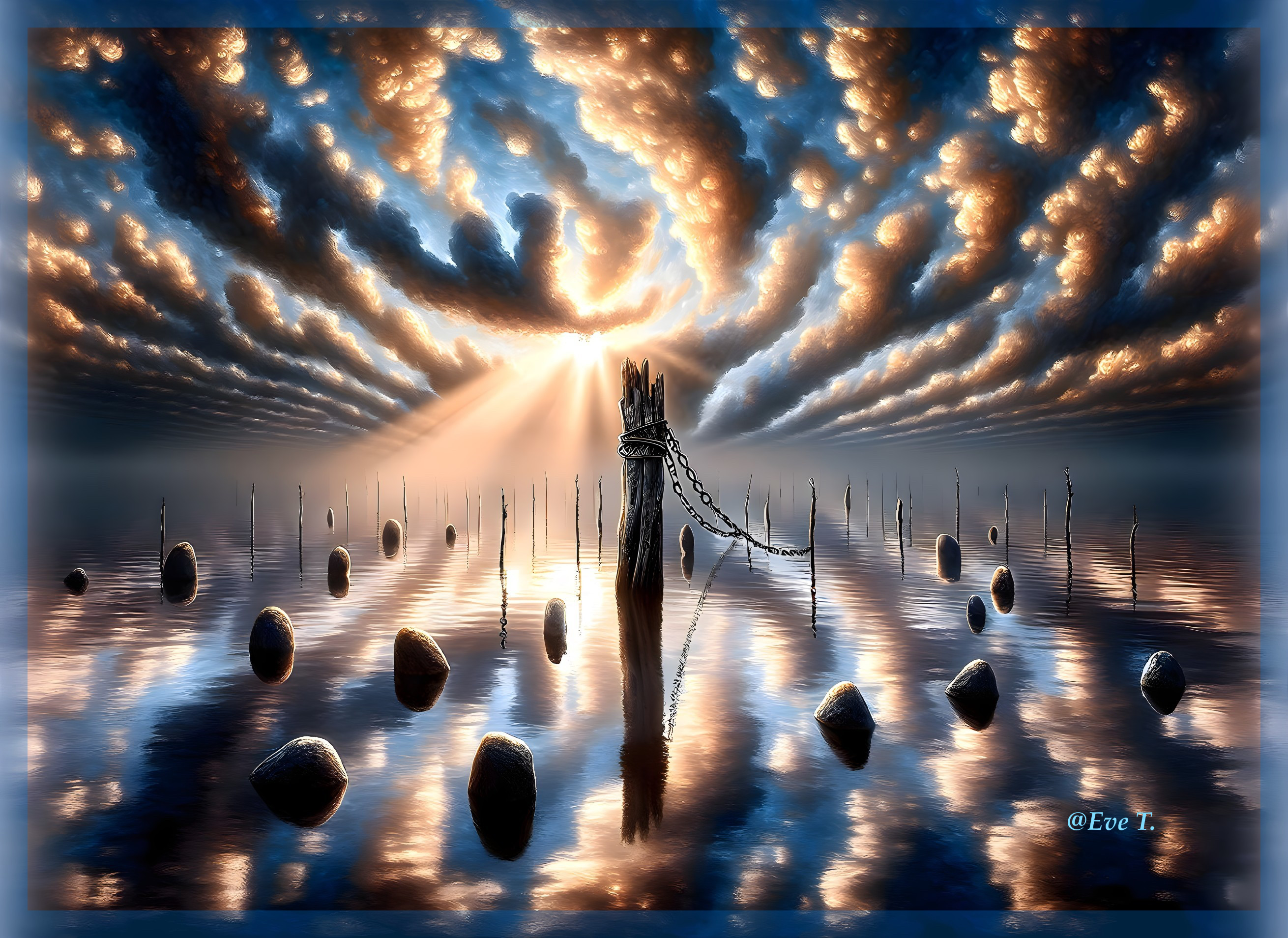 Tranquil Landscape with Wooden Posts and Serene Water