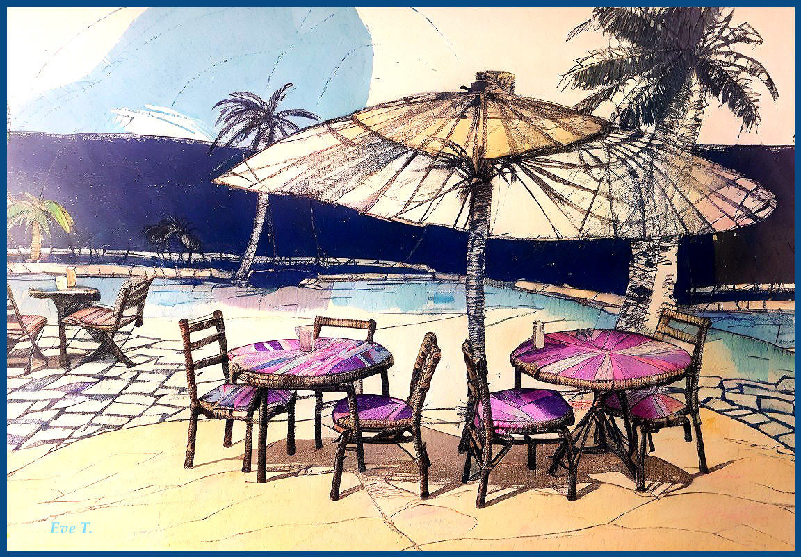 Serene Poolside Scene with Hand-Drawn Furniture