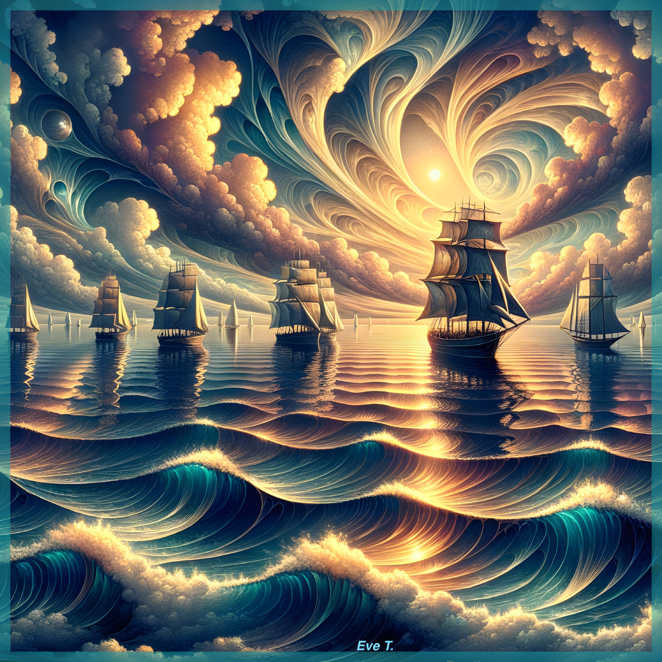 Surrealist Seascape with Ships and Swirling Clouds