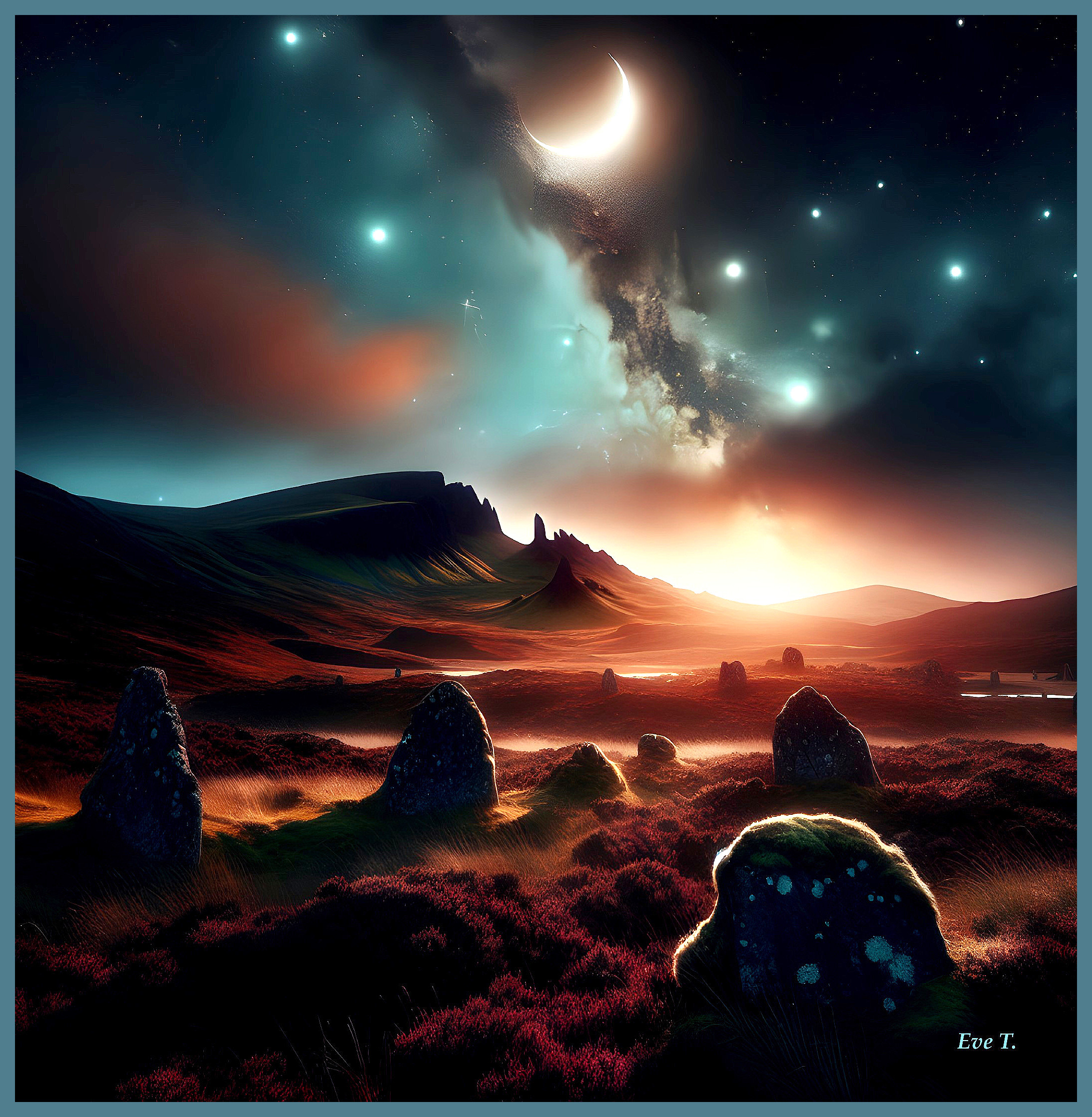 Mystical Landscape with Crescent Moon and Stars