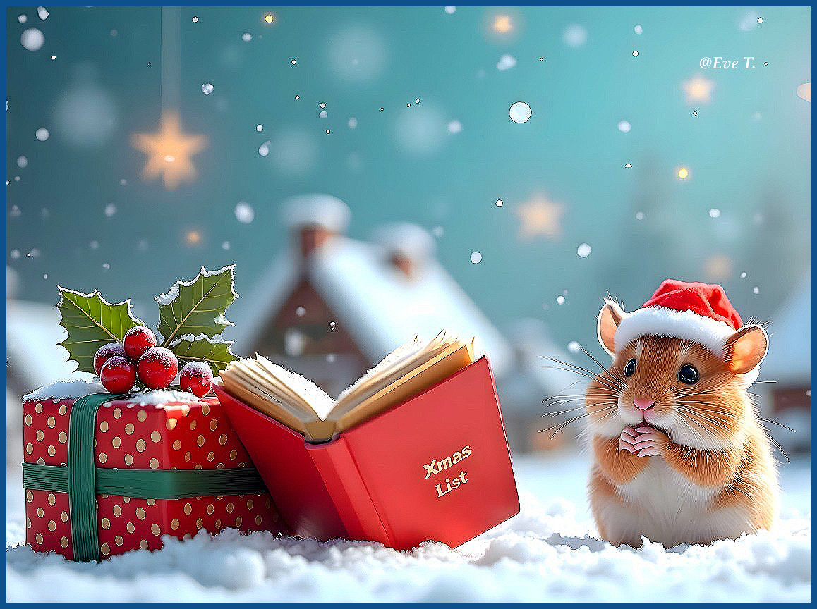 Hamster in Santa Hat Next to Festive Gift Box