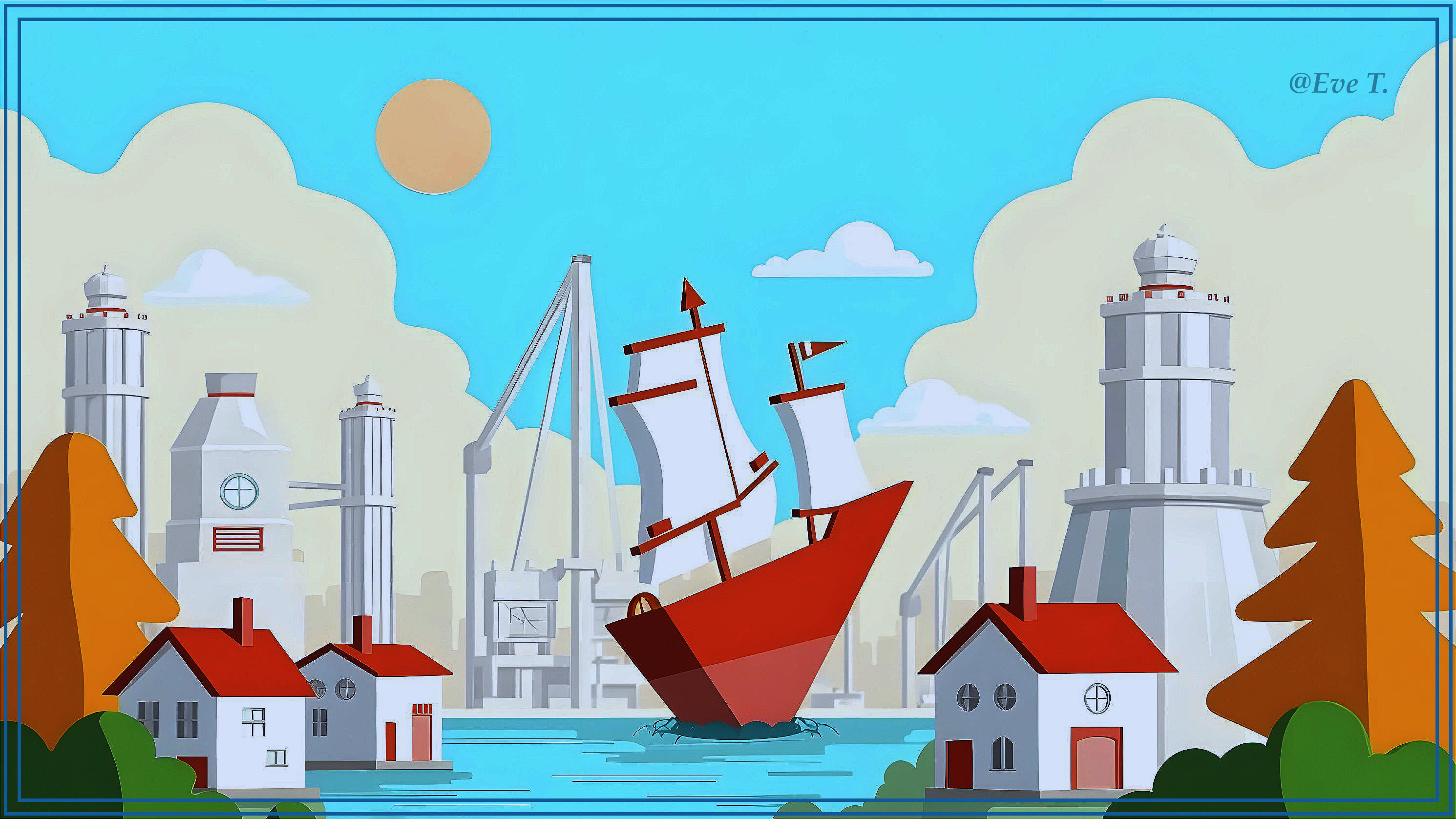 Vibrant Harbor Scene with Sailing Ship and Whimsical Homes