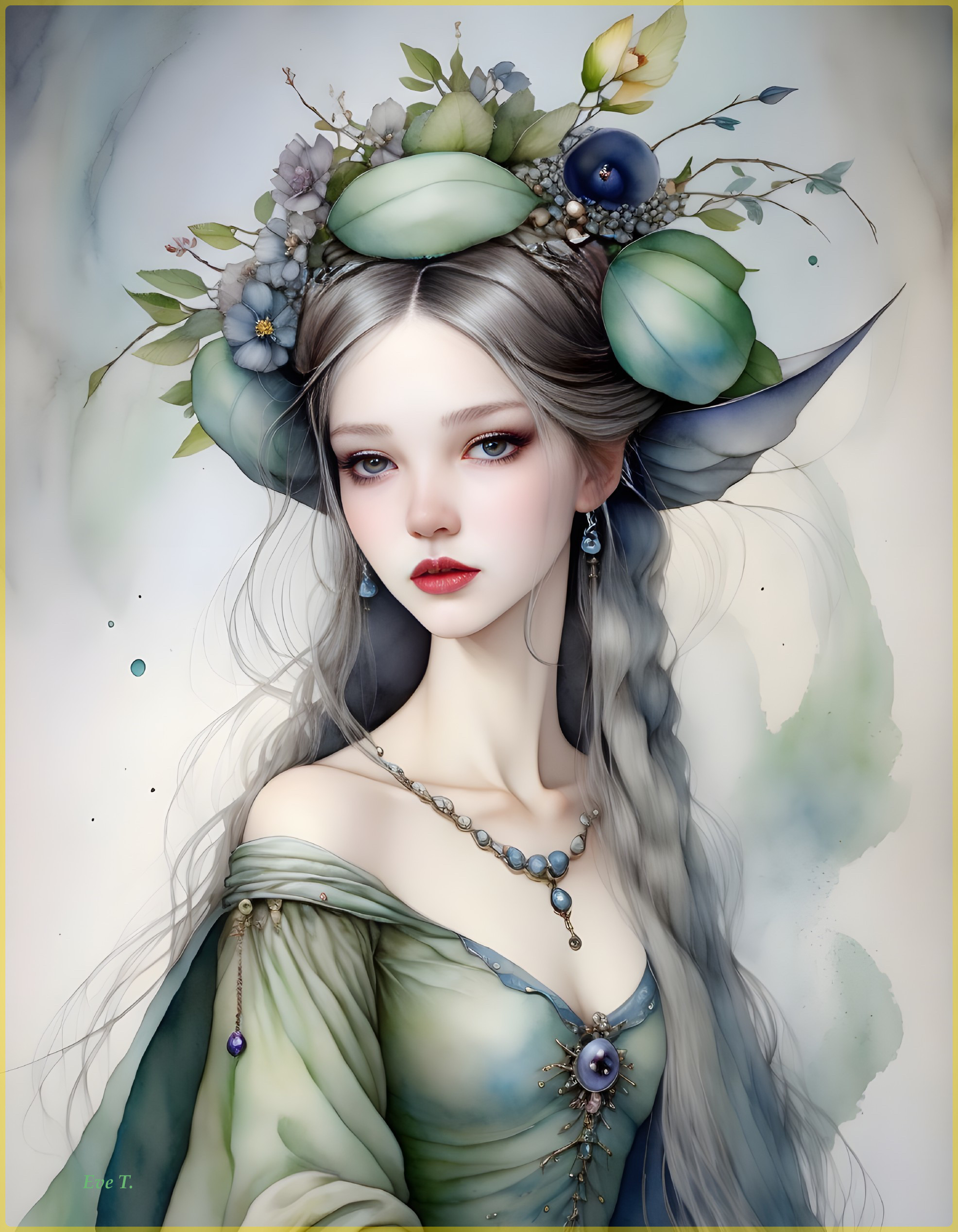 Portrait of a Young Woman with Gray Hair and Flowers