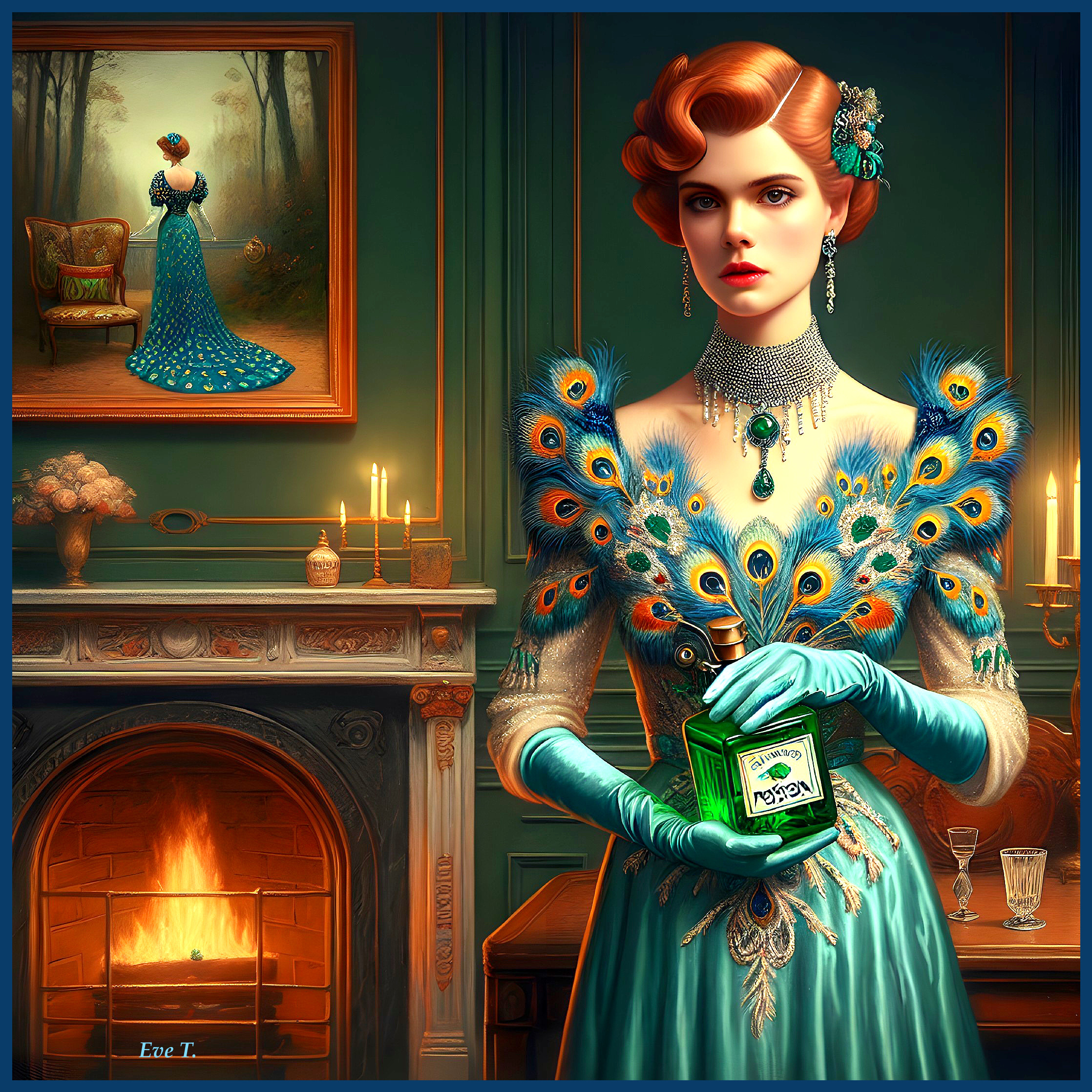 Glamorous Woman in Peacock Gown with Green Bottle