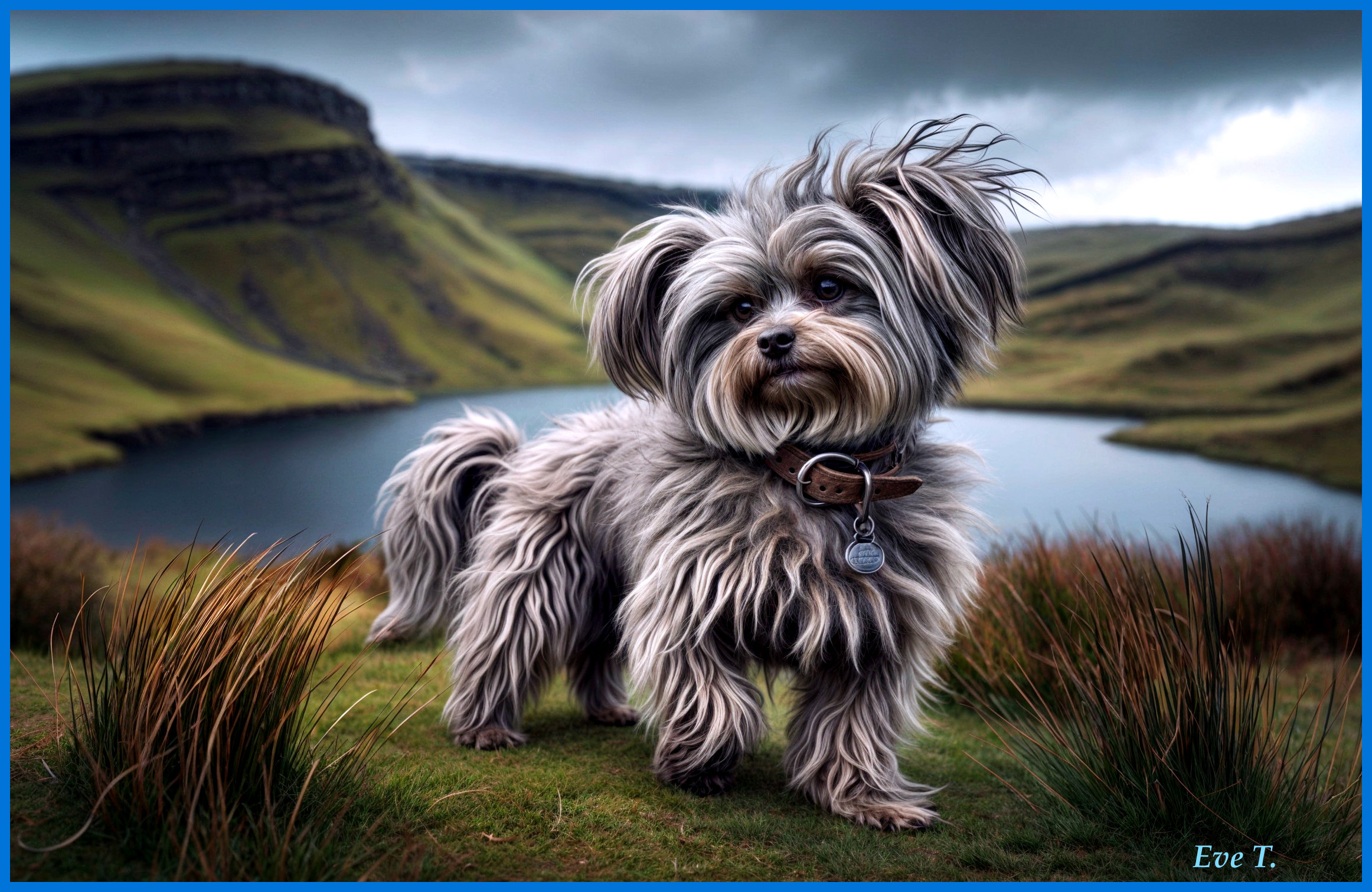 Fluffy Dog on Grassy Hill by Tranquil Lake