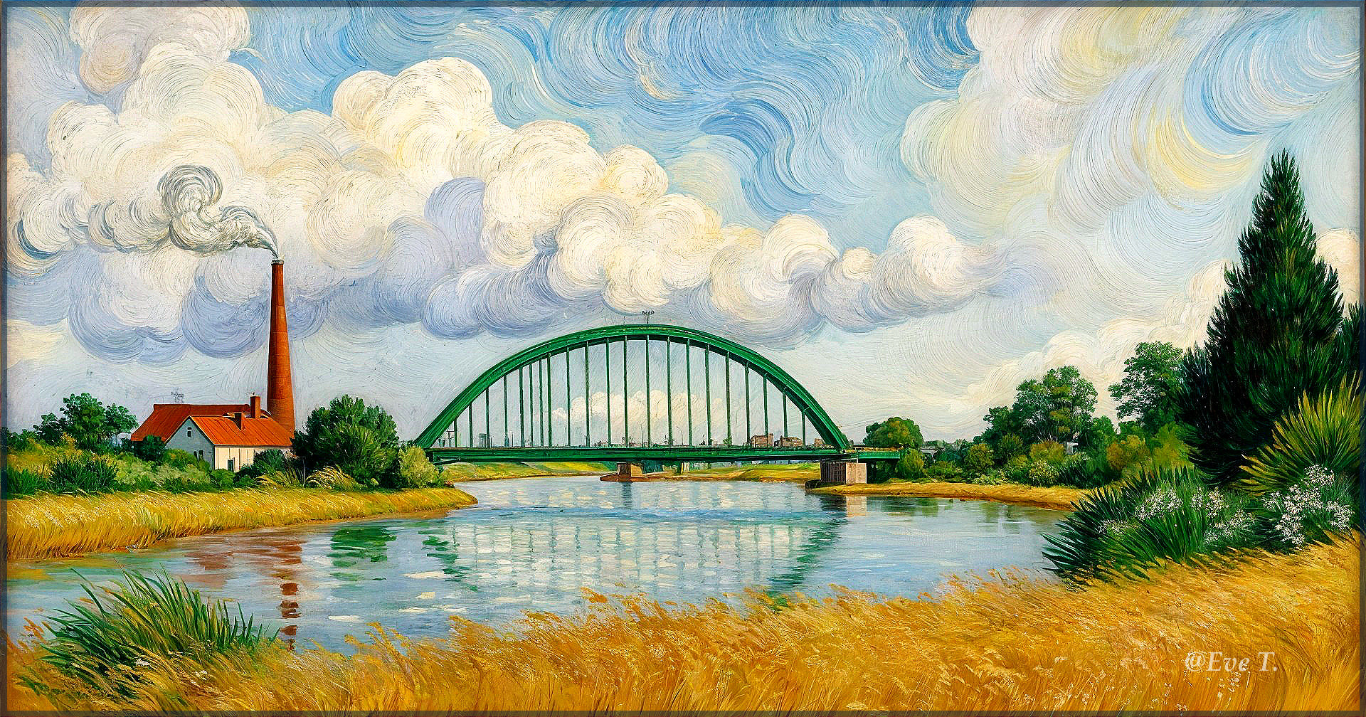 Vibrant Landscape with Bridge and Factory by River