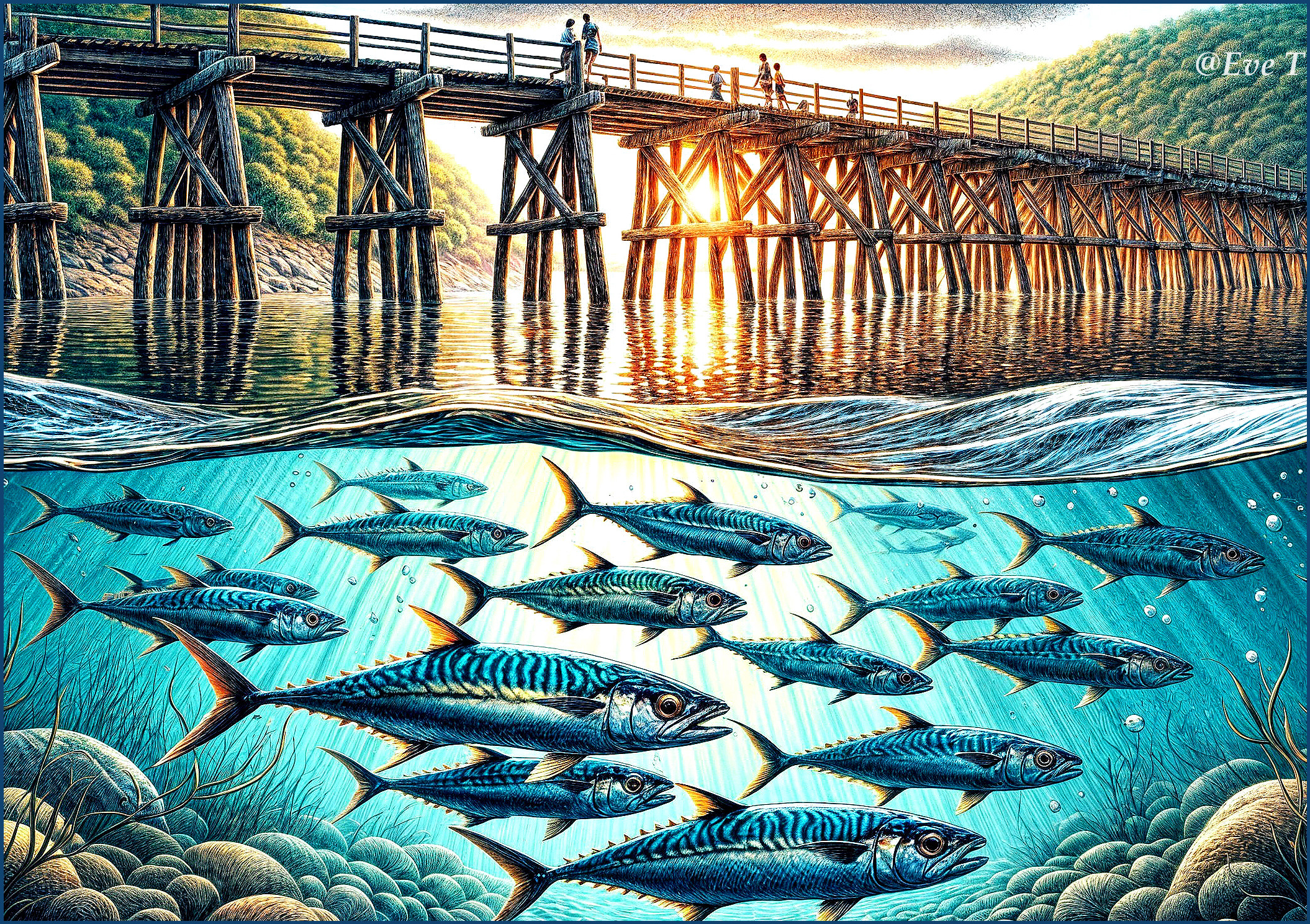 Serene Above and Below Water Landscape with Fish