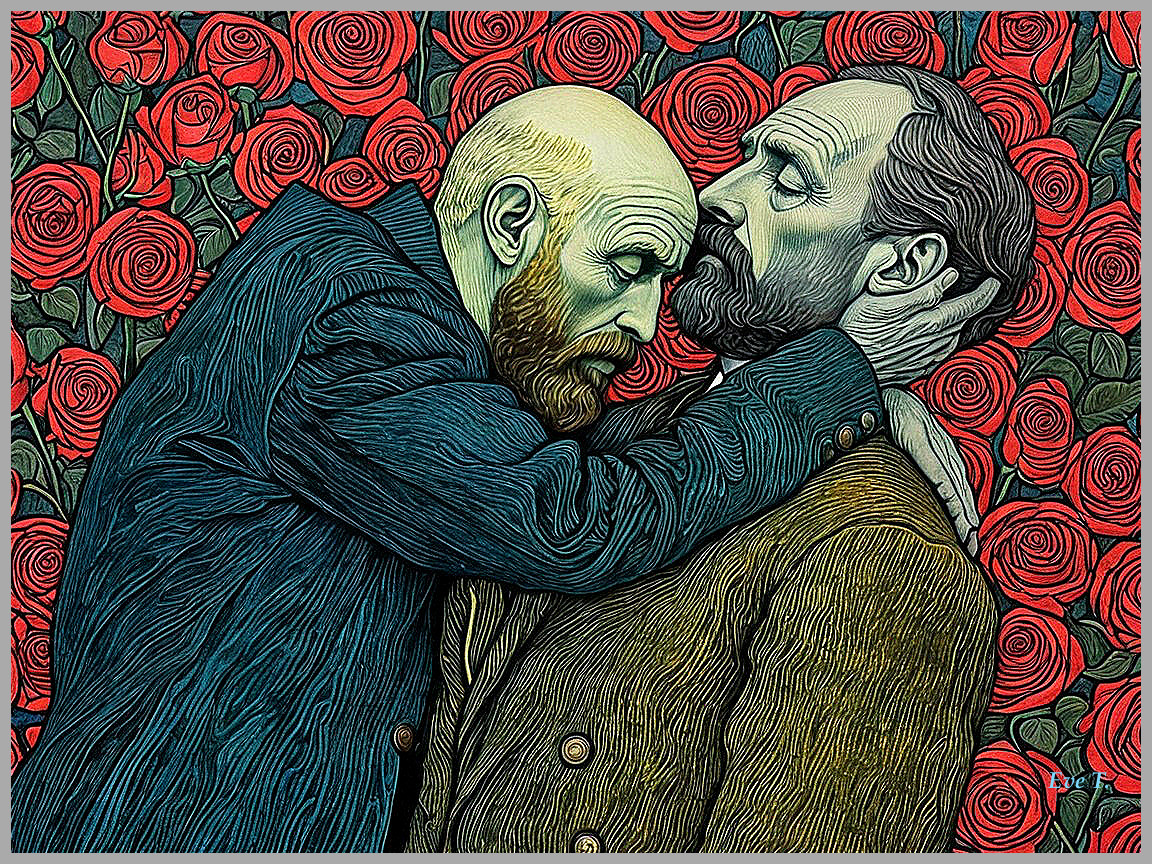 Men Embracing Amidst Vibrant Blooming Roses