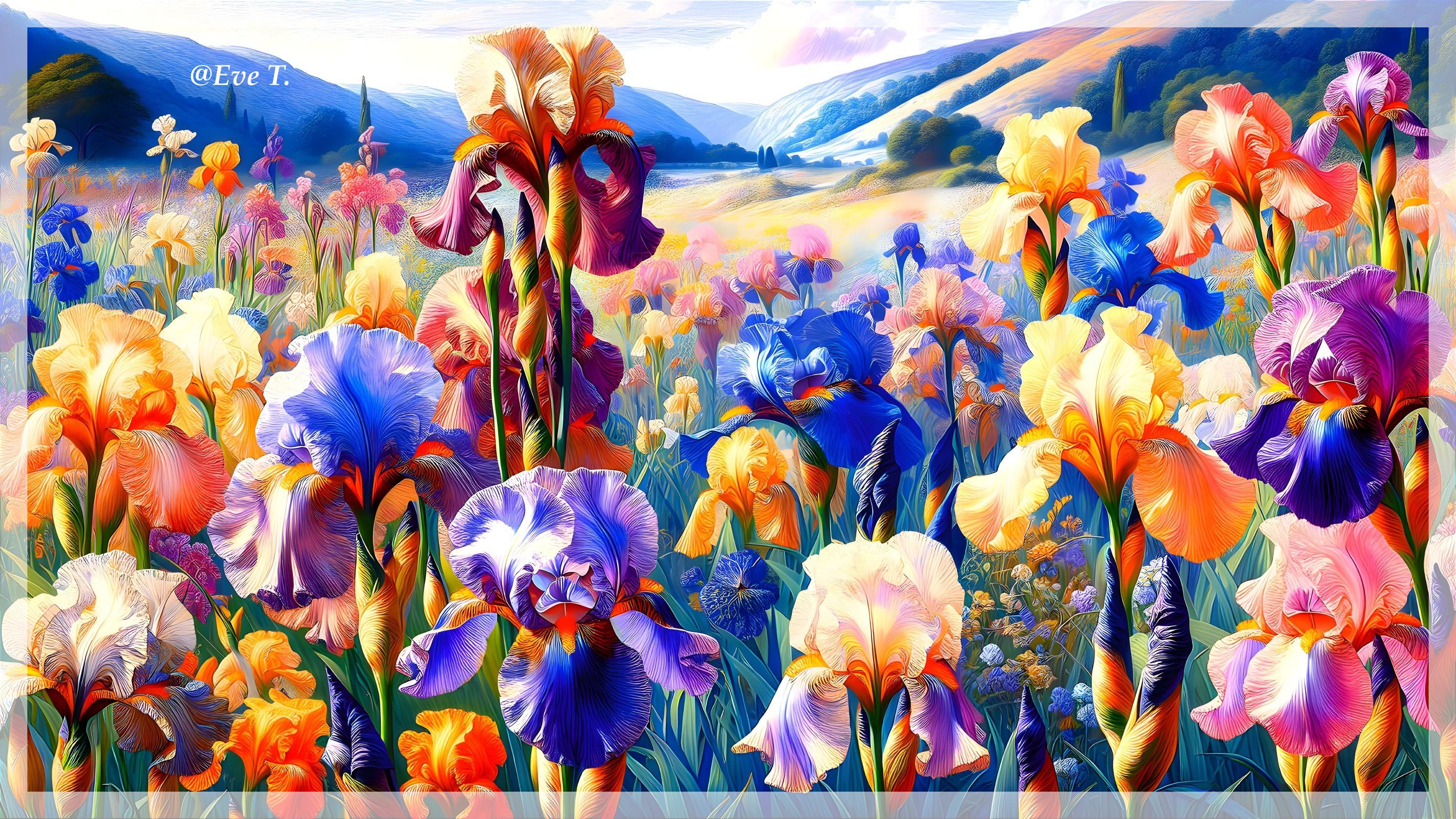 Vibrant Field of Irises in Colorful Bloom