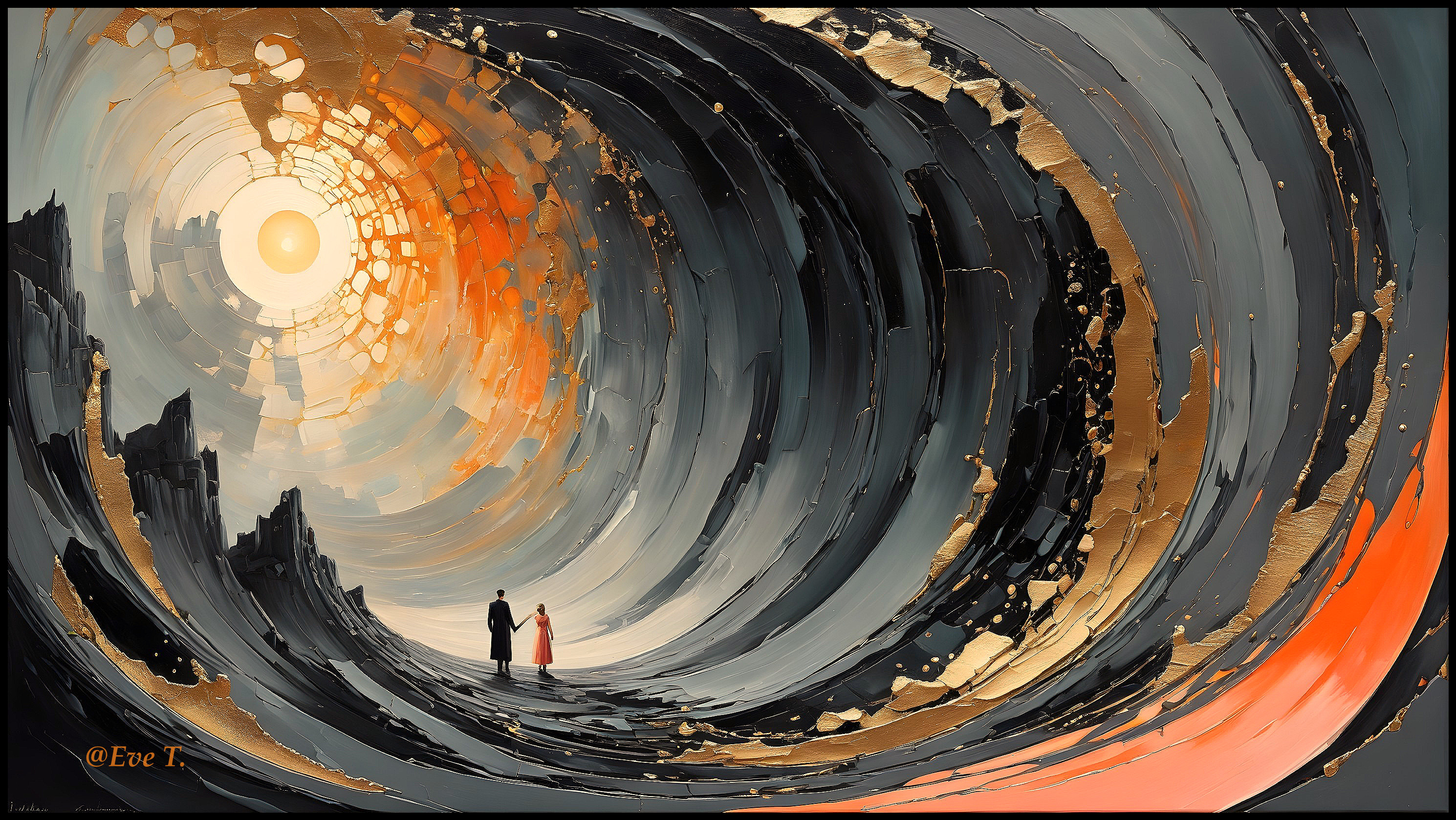 Abstract Landscape with Couple Amidst Colorful Waves