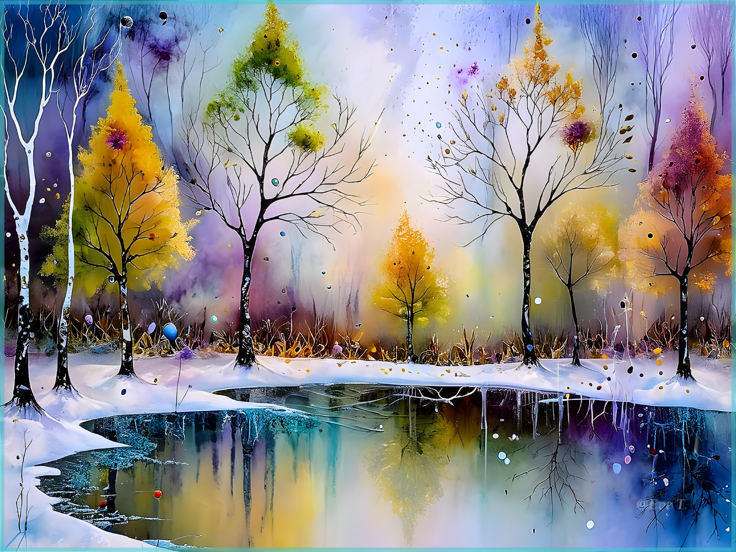 Serene winter landscape with colorful trees and water