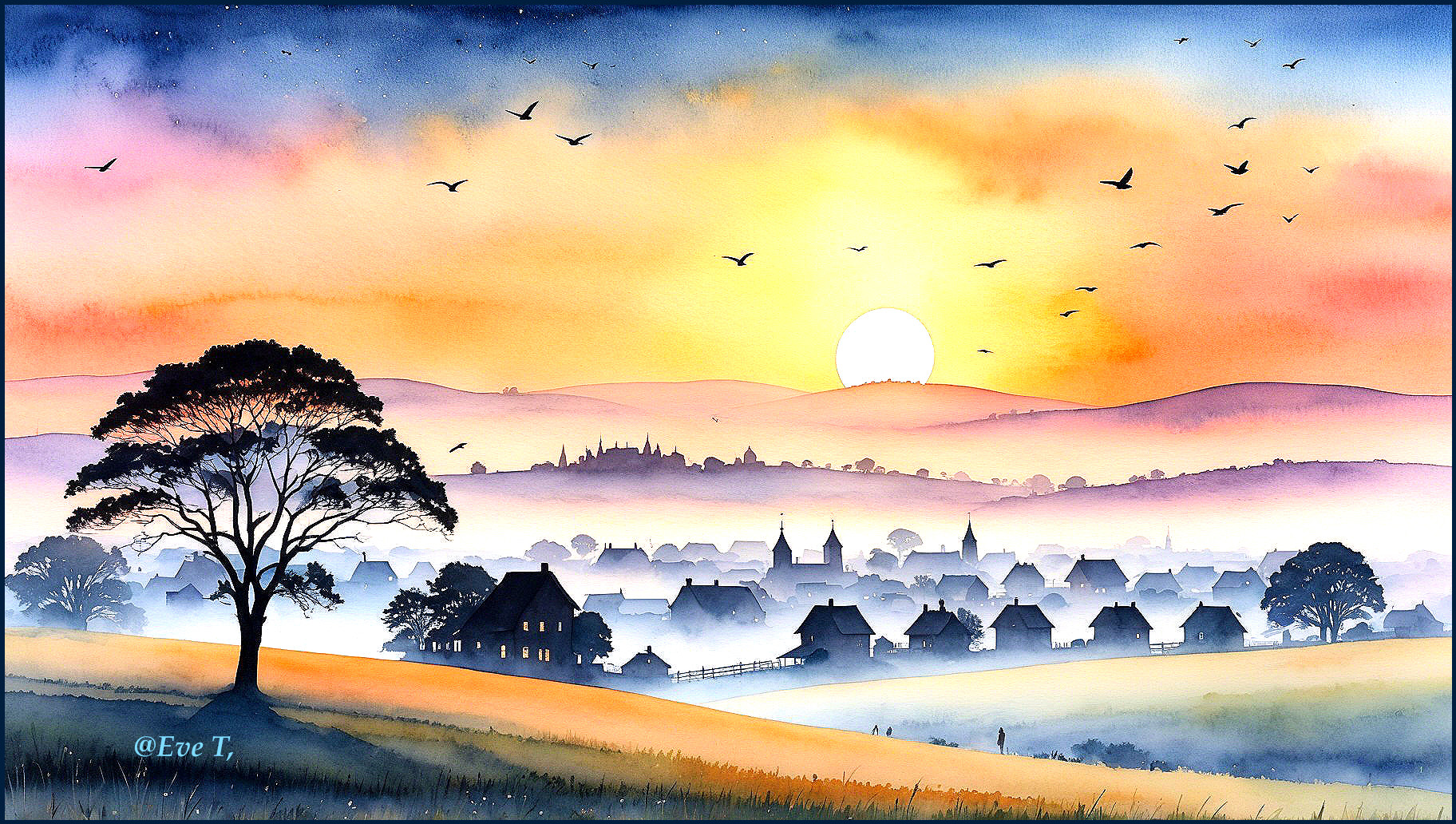 Tranquil Village Landscape at Sunset with Soft Colors